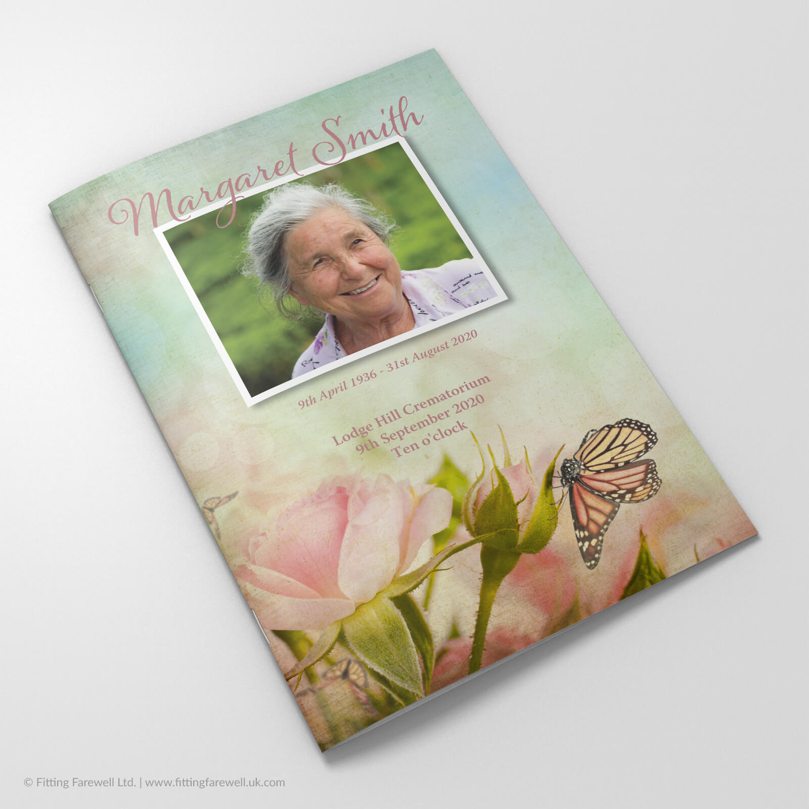 The Vintage Butterfly & Roses Funeral Order of Service design is exclusively available from Fitting Farewell.