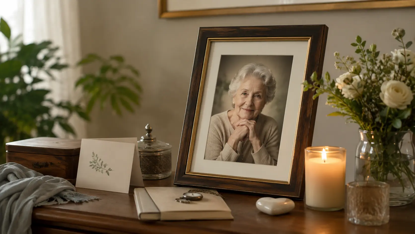 A respectful setup with a photo frame, candle, flowers and keepsakes.