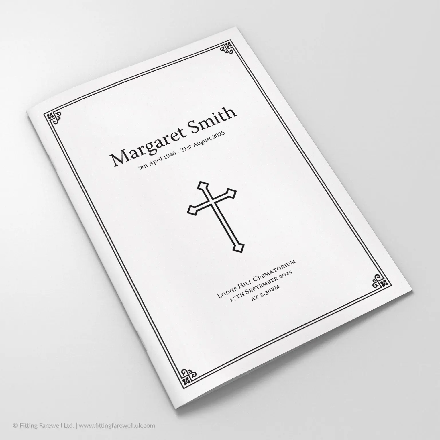 The Art Deco Border Funeral Order of Service design is exclusively available from Fitting Farewell.