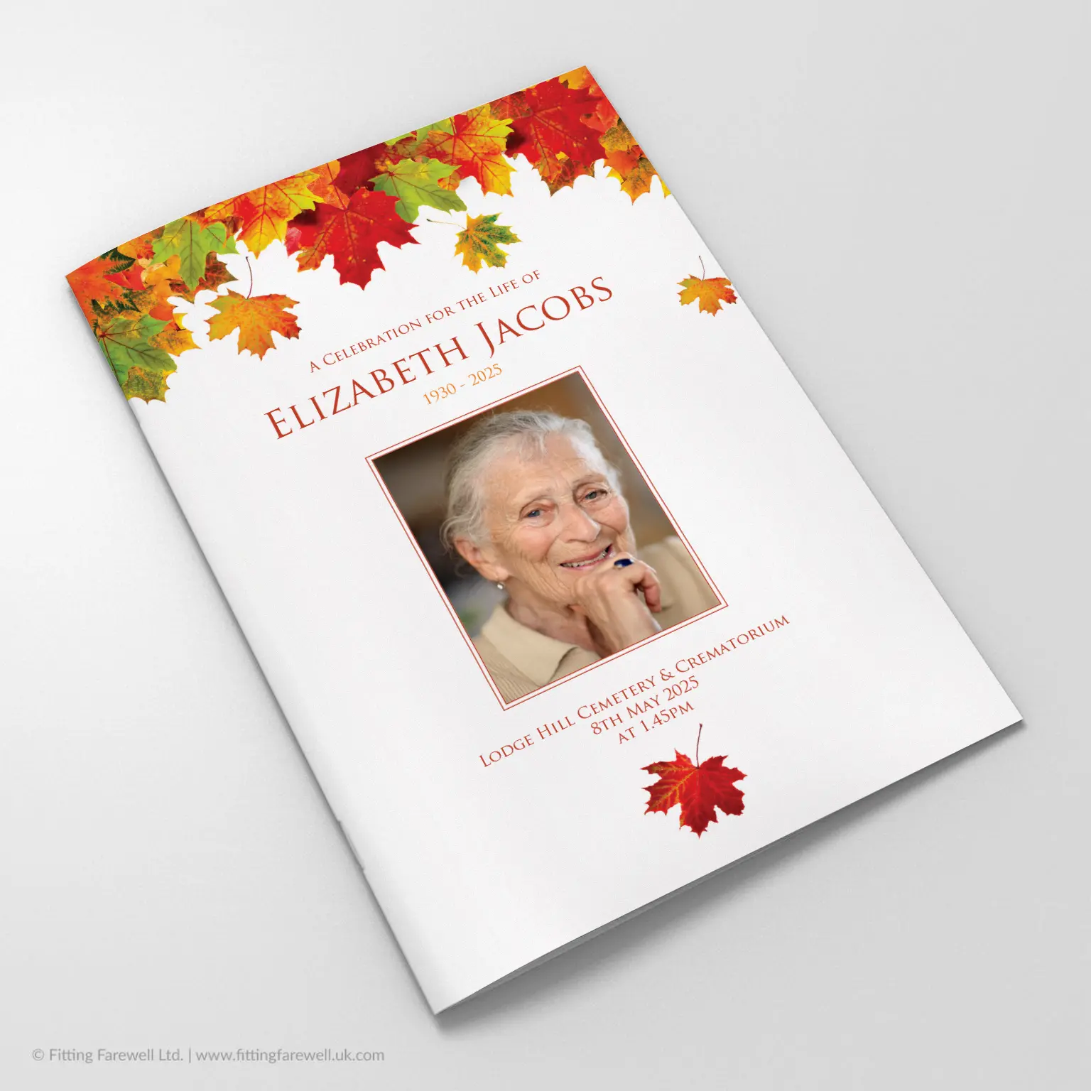 The Autumn Leaves Funeral Order of Service design is exclusively available from Fitting Farewell.