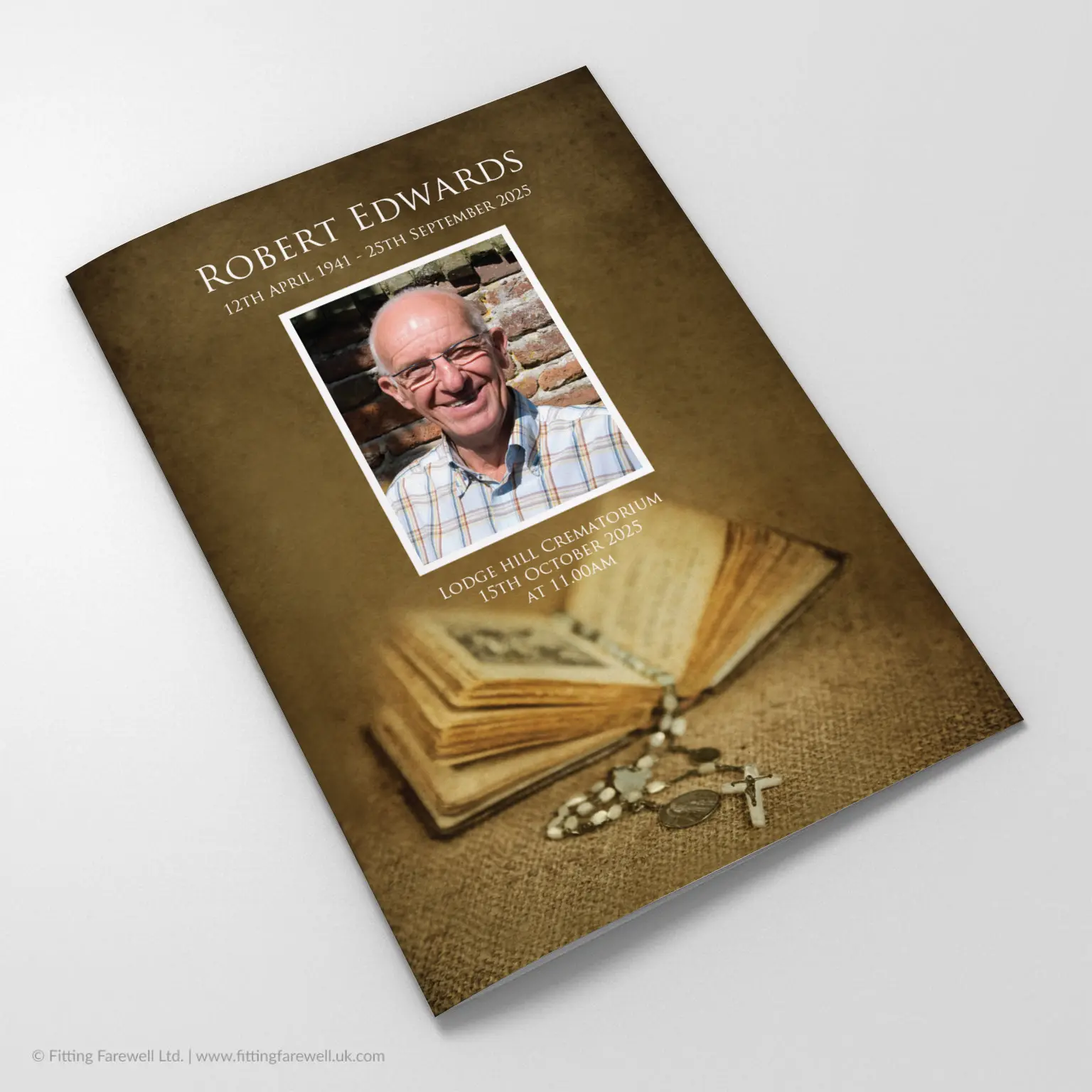 The Bible and Rosary Funeral Order of Service design is exclusively available from Fitting Farewell.