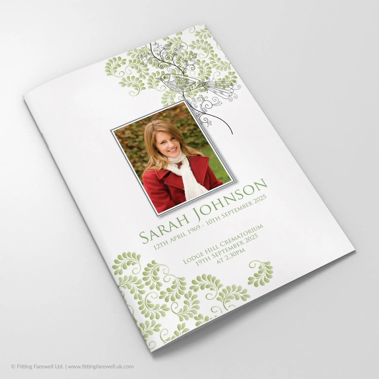 The Birds & Leaves Funeral Order of Service design is exclusively available from Fitting Farewell.