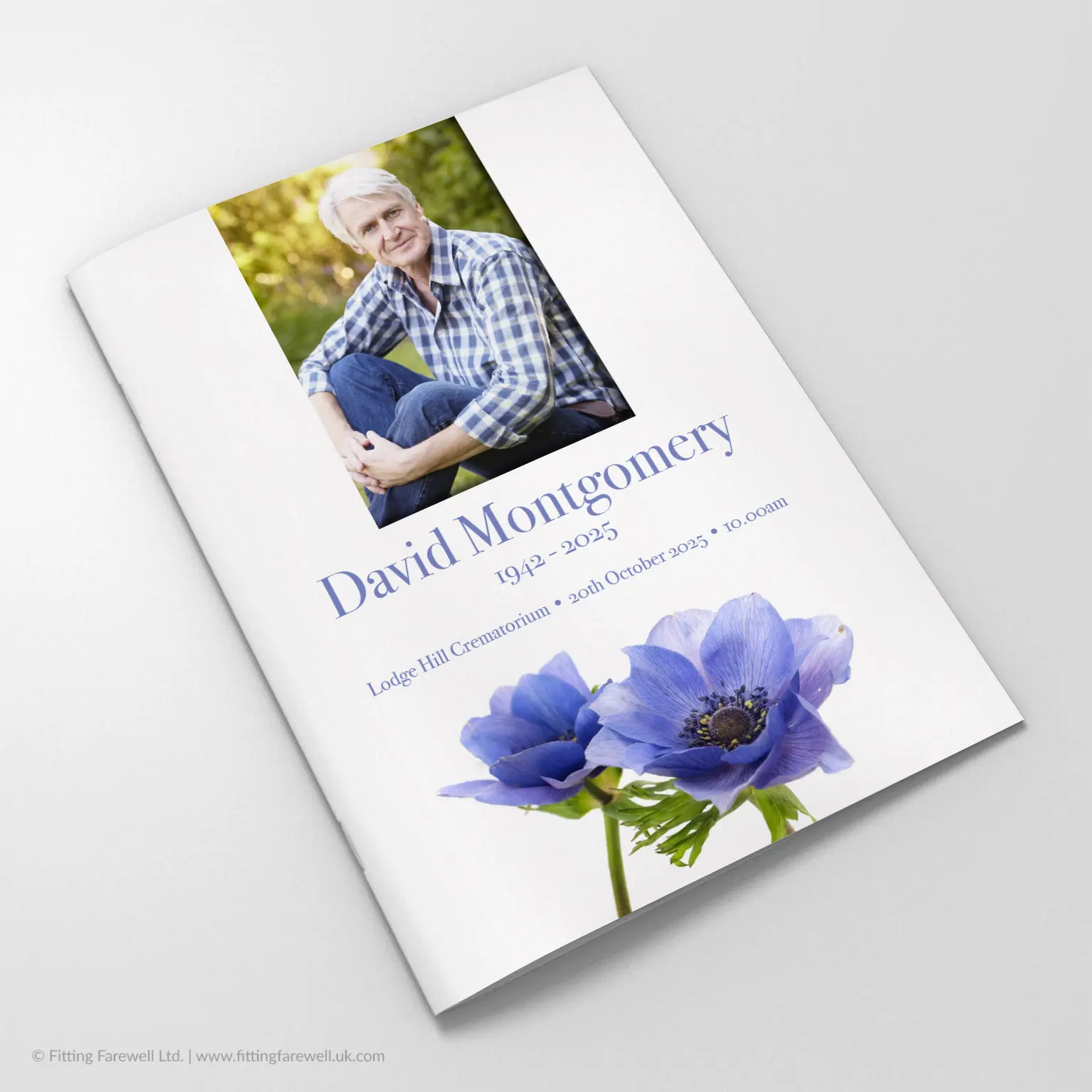 The Blue Anenome Funeral Order of Service design is exclusively available from Fitting Farewell.