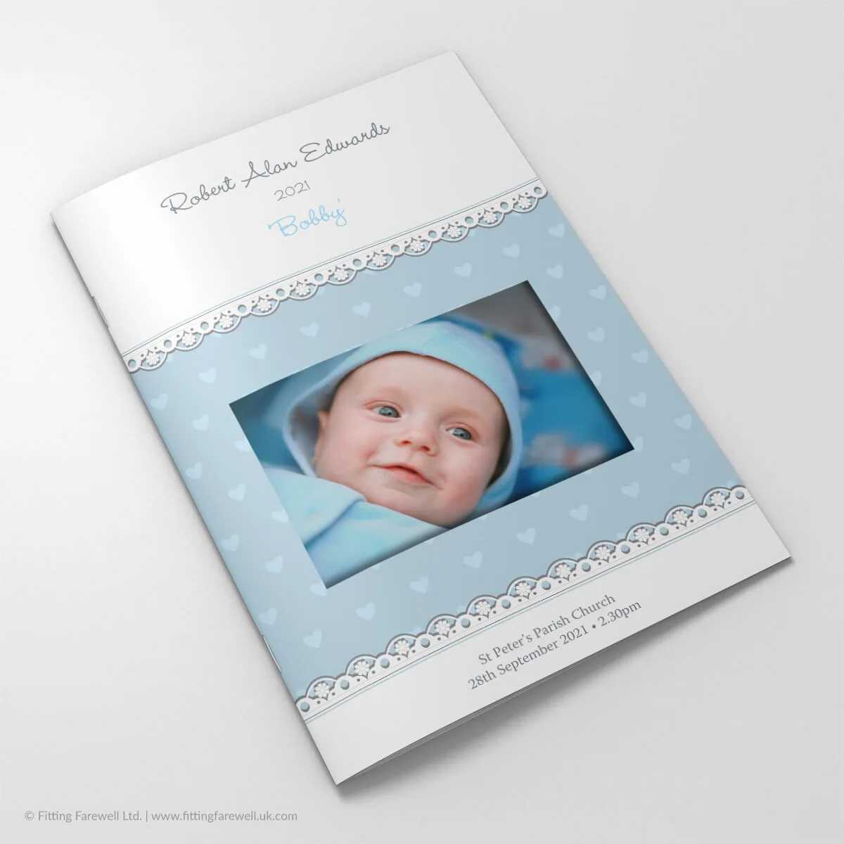 The Blue Hearts Funeral Order of Service design is exclusively available from Fitting Farewell.