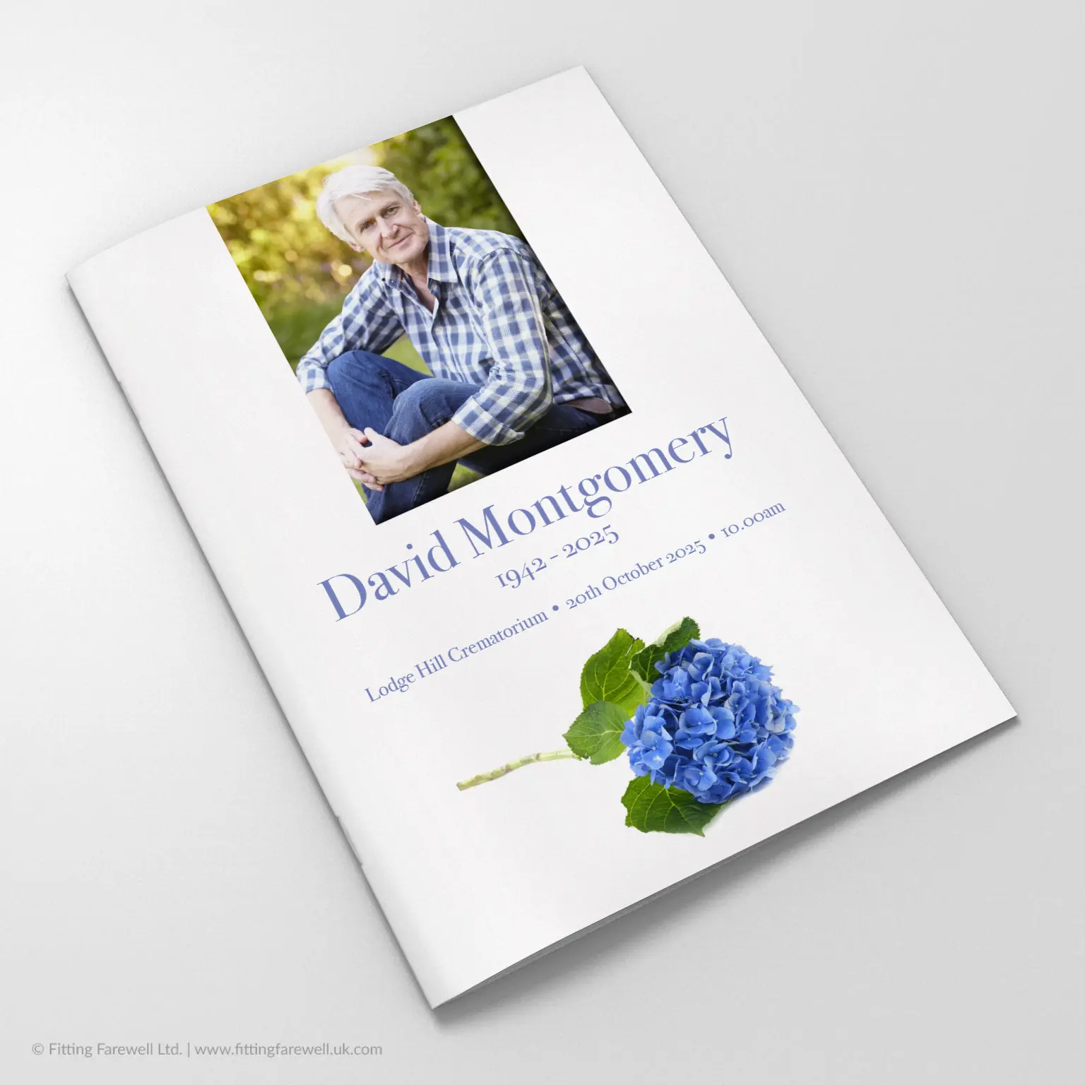 The Blue Hydrangea Funeral Order of Service design is exclusively available from Fitting Farewell.