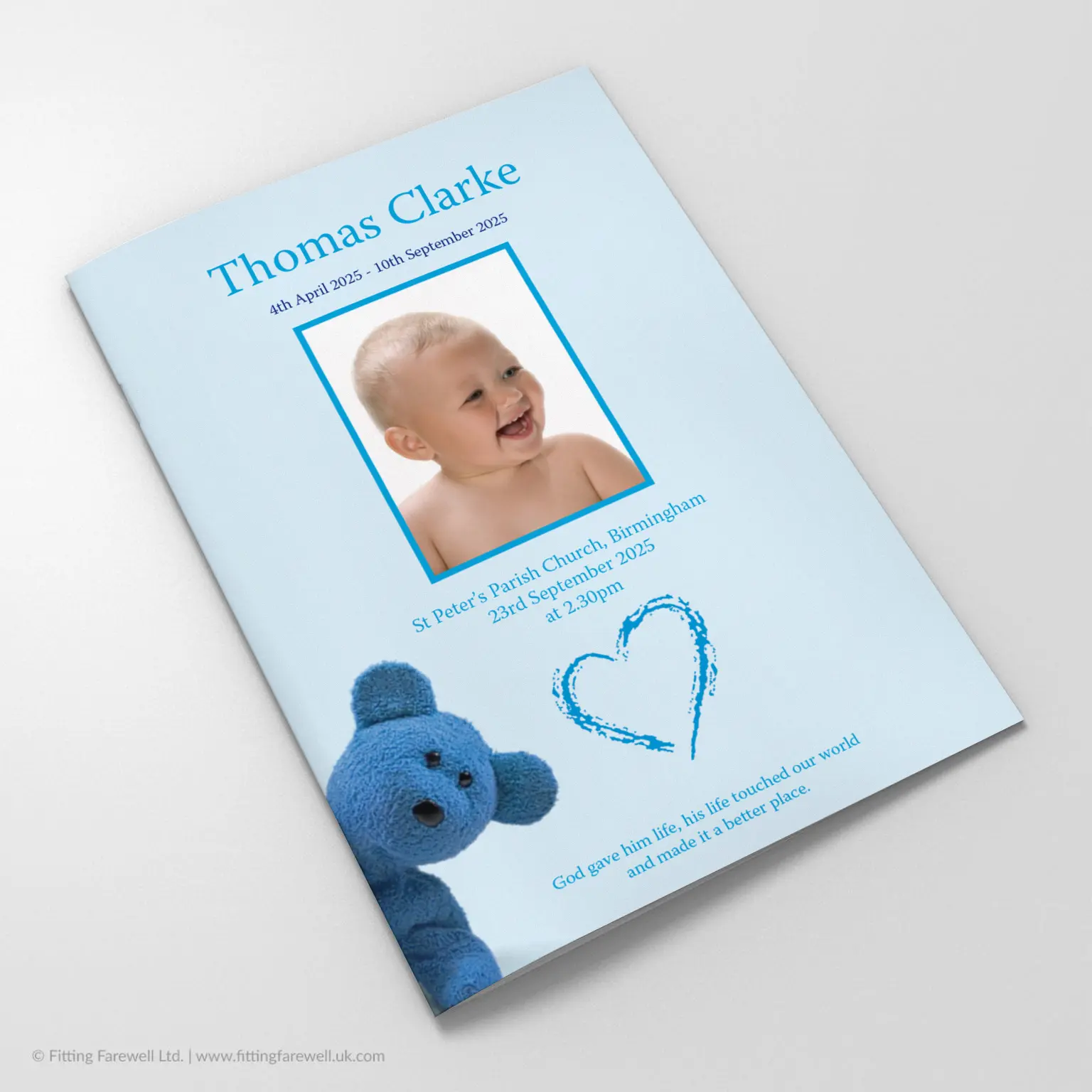 The Blue Teddy Funeral Order of Service design is exclusively available from Fitting Farewell.