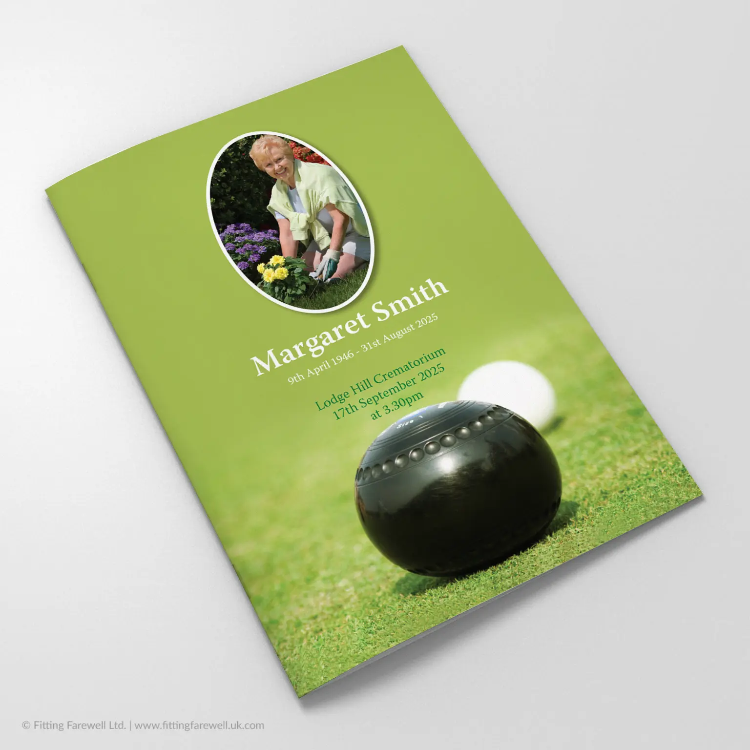 The Bowls Funeral Order of Service design is exclusively available from Fitting Farewell.