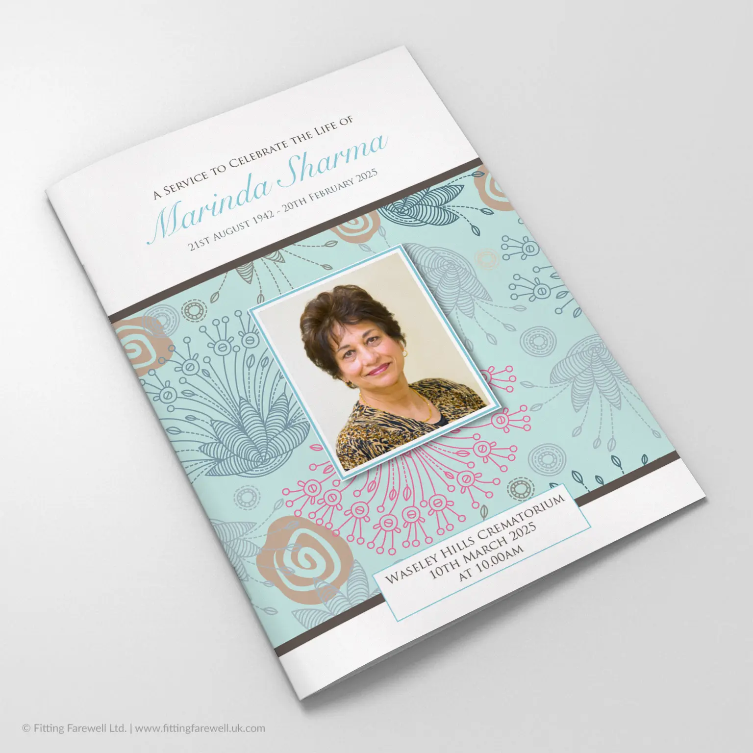 The Bright Flowers Funeral Order of Service design is exclusively available from Fitting Farewell.