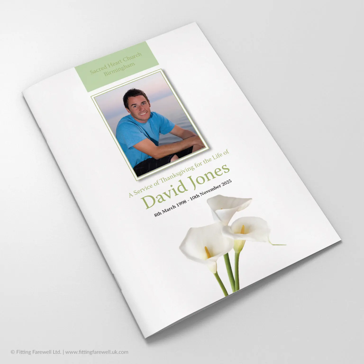 The Cala Lilies Funeral Order of Service design is exclusively available from Fitting Farewell.