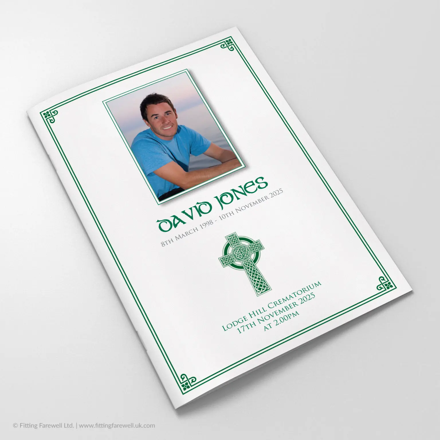 The Celtic Cross Funeral Order of Service design is exclusively available from Fitting Farewell.