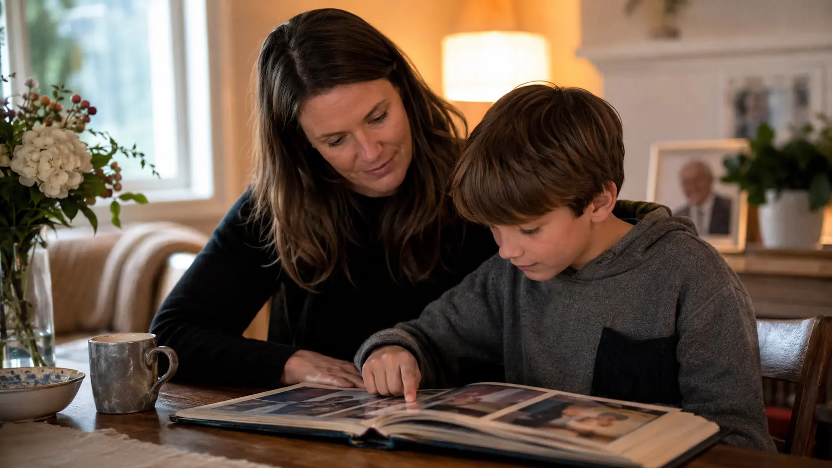 Child looking at photo album with adult.