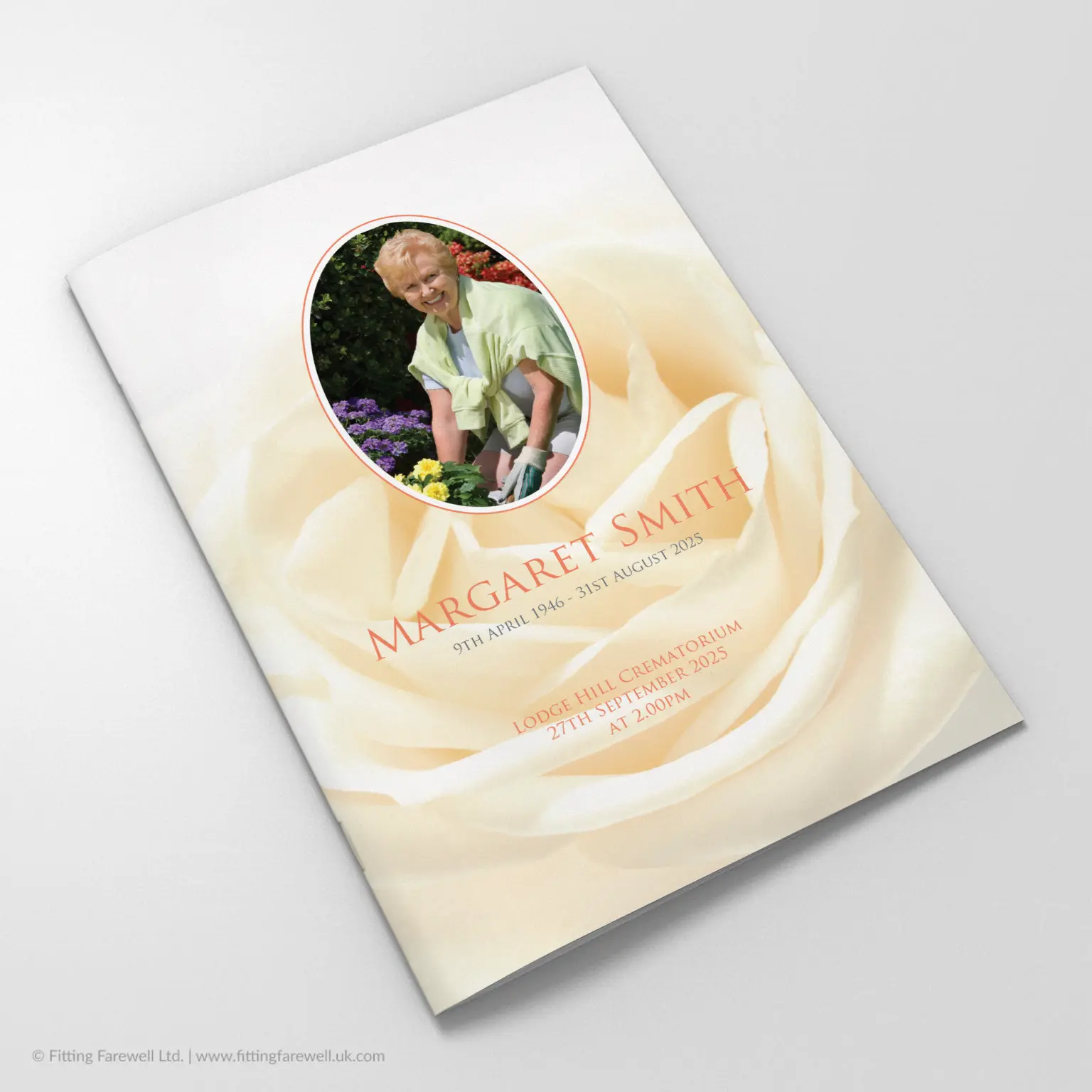 The Cream Rose Funeral Order of Service design is exclusively available from Fitting Farewell.