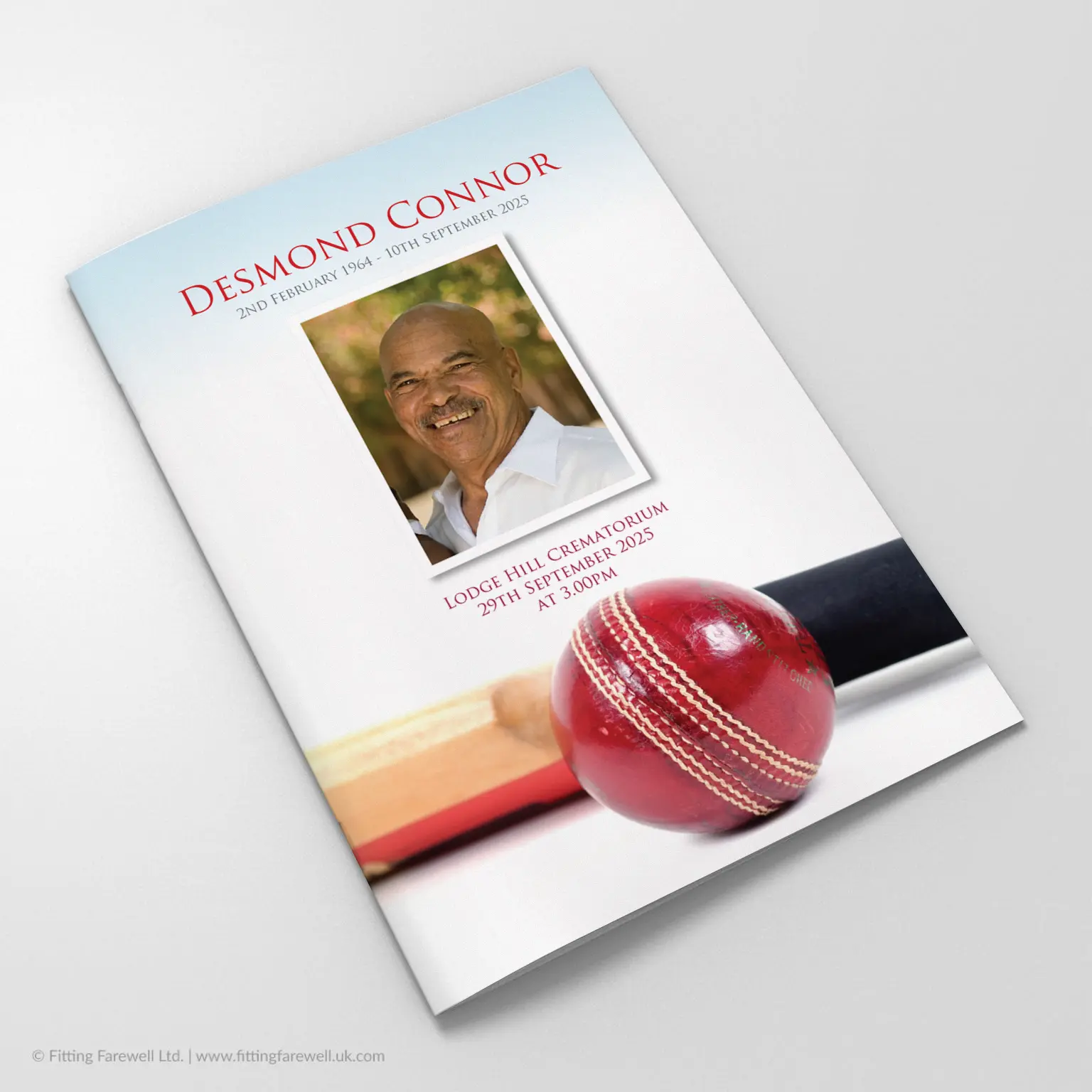 The Cricket Funeral Order of Service design is exclusively available from Fitting Farewell.