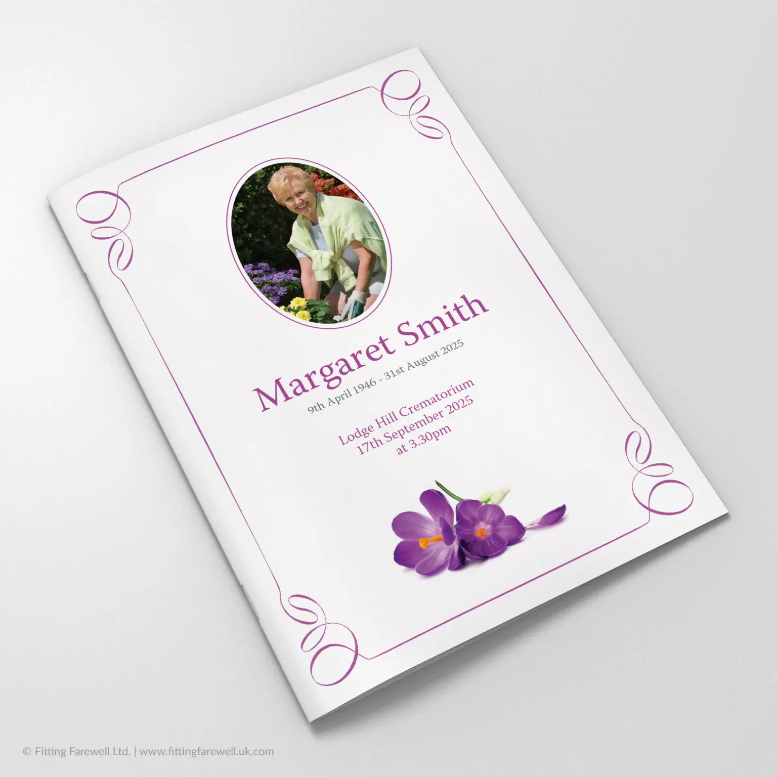 The Crocuses Funeral Order of Service design is exclusively available from Fitting Farewell.