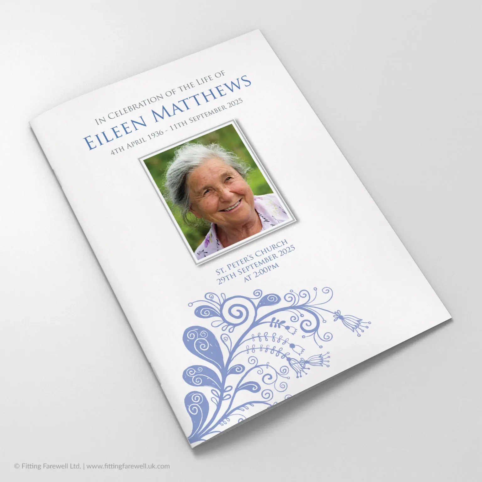The Curly Leaves Funeral Order of Service design is exclusively available from Fitting Farewell.