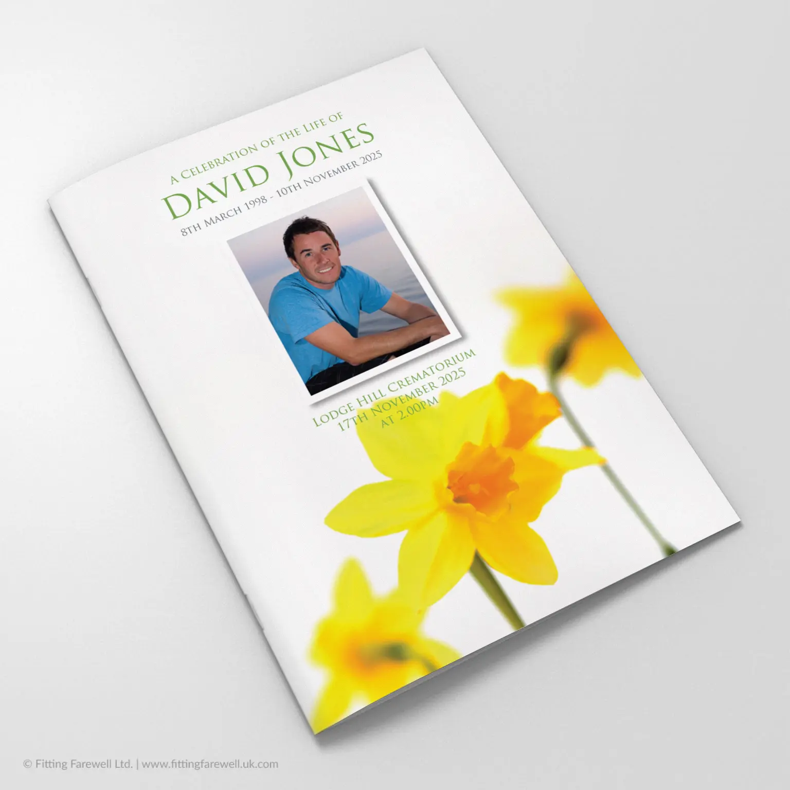 The Daffodils Funeral Order of Service design is exclusively available from Fitting Farewell.