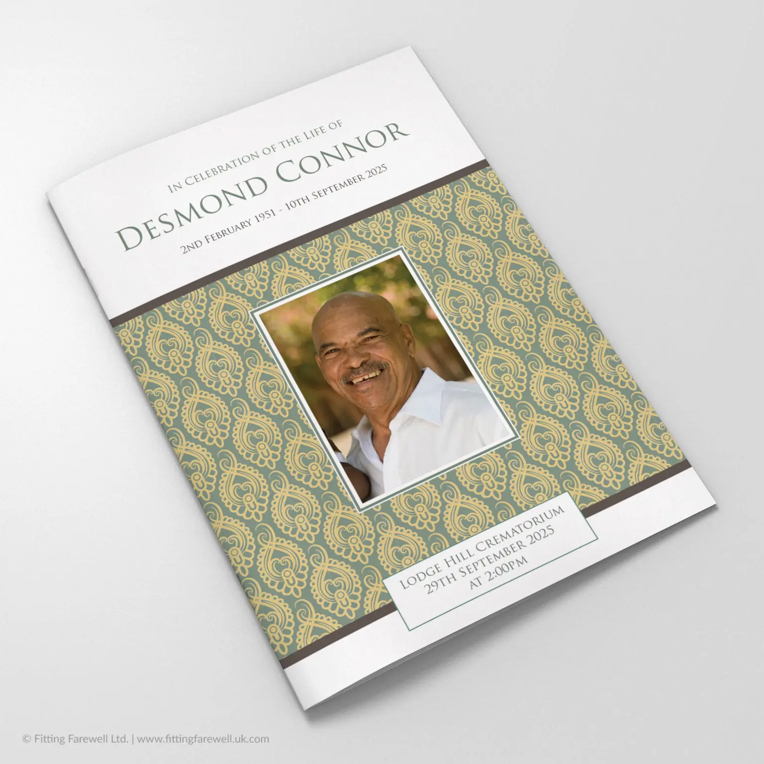 The Damask Rose Funeral Order of Service design is exclusively available from Fitting Farewell.