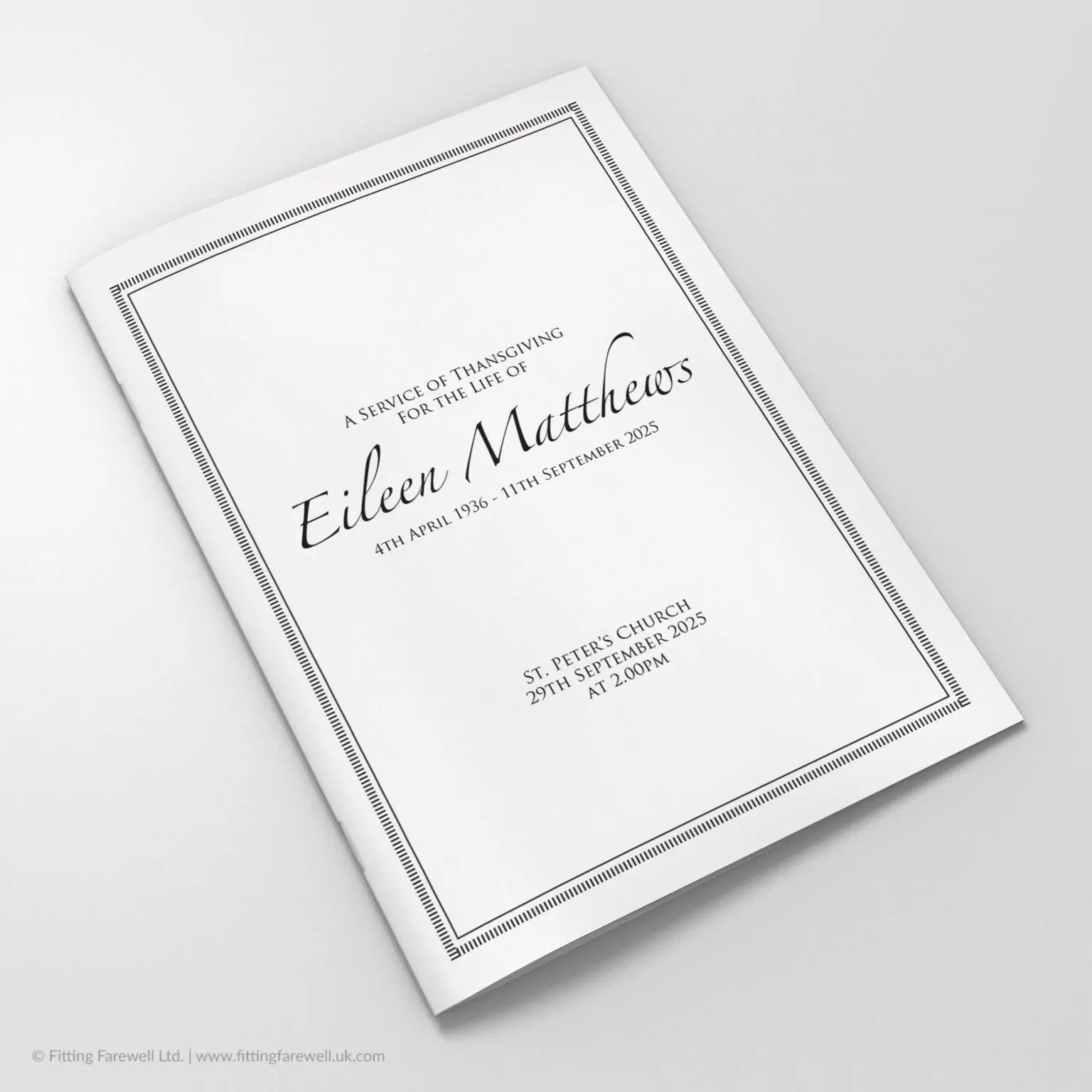 The Dash Border Funeral Order of Service design is exclusively available from Fitting Farewell.