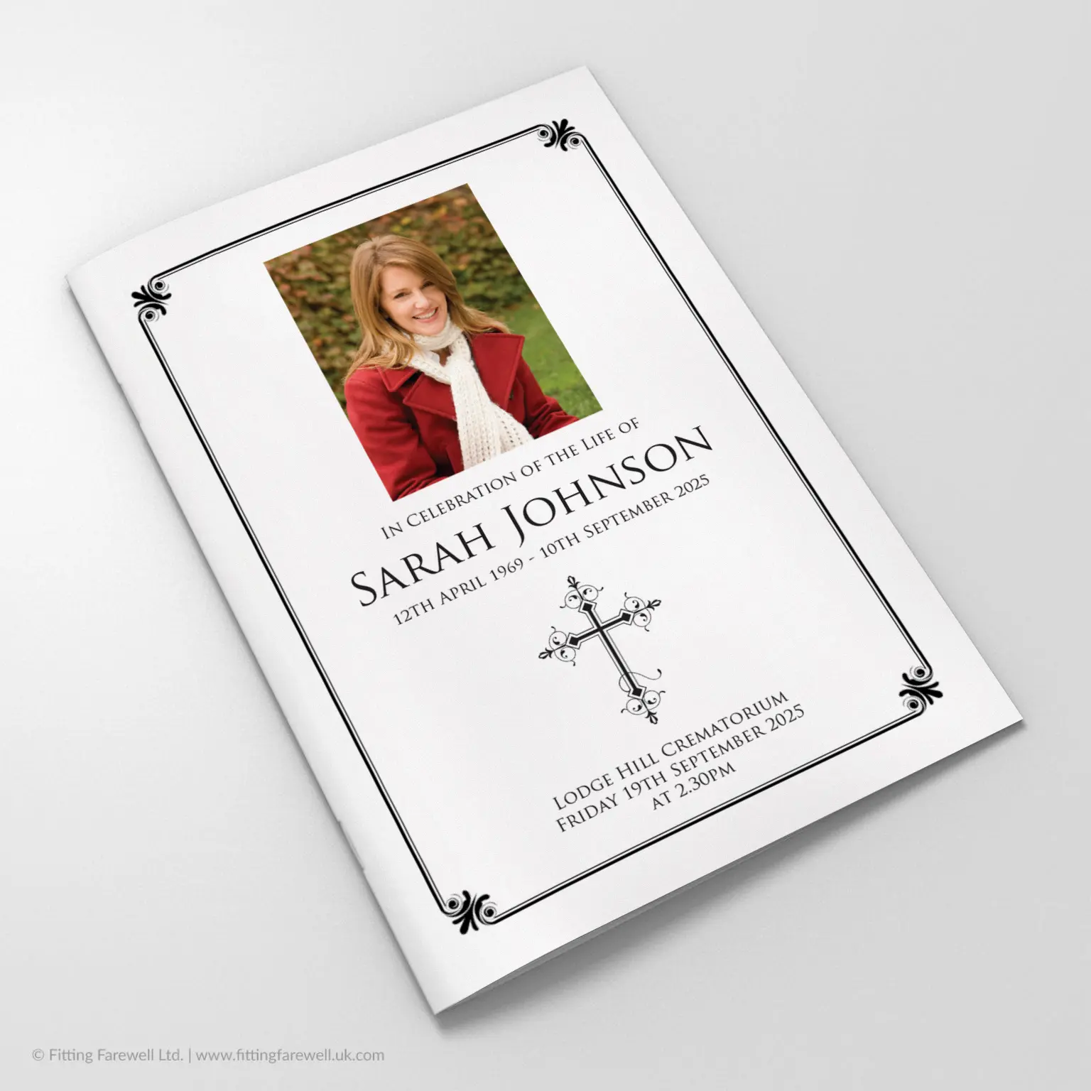 The Decorative Border Funeral Order of Service design is exclusively available from Fitting Farewell.