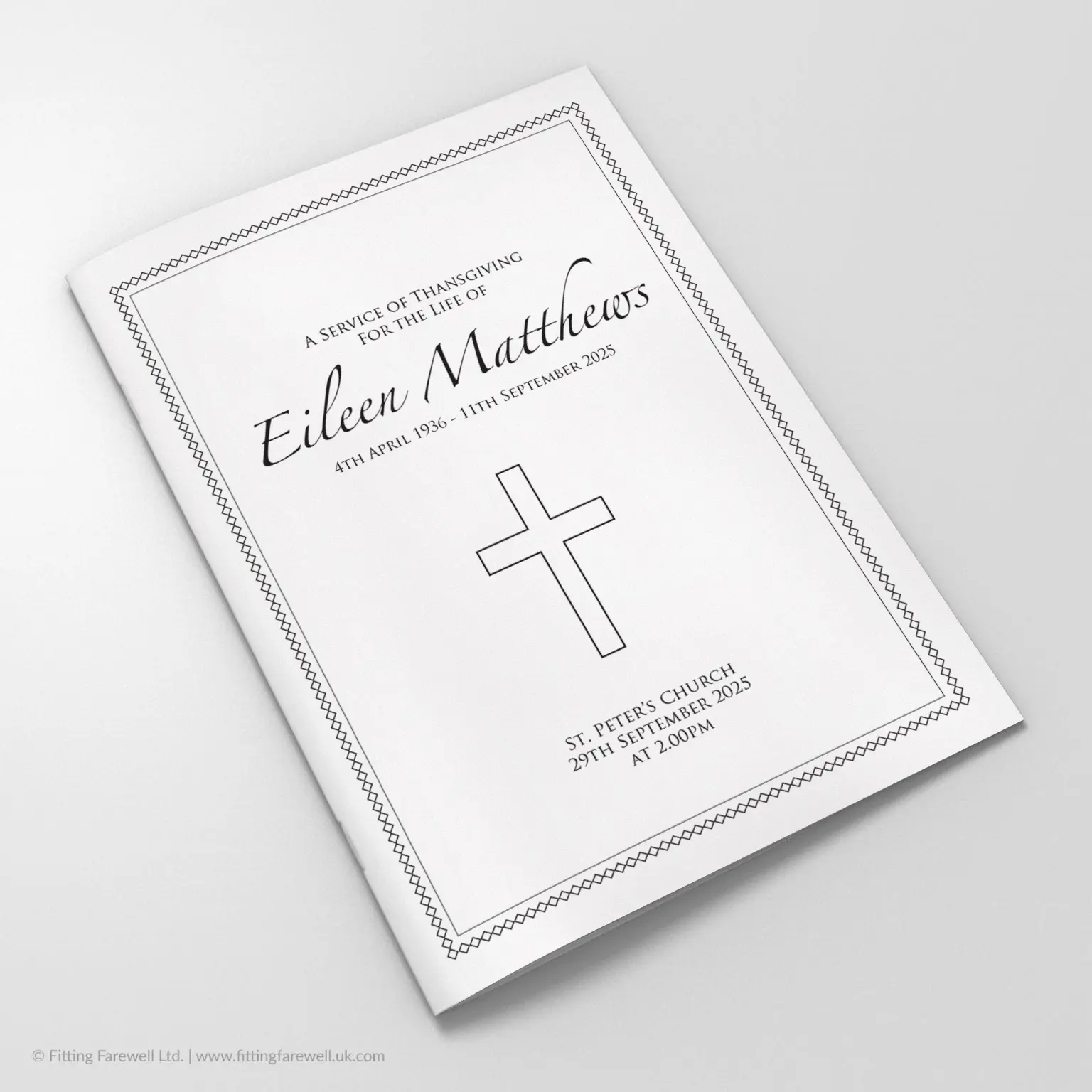 The Diamond Border Funeral Order of Service design is exclusively available from Fitting Farewell.