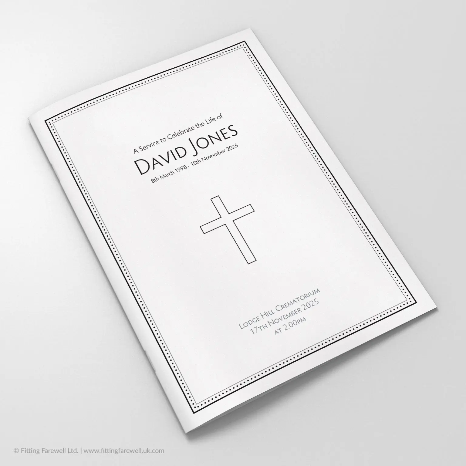 The Dotted Border Funeral Order of Service design is exclusively available from Fitting Farewell.