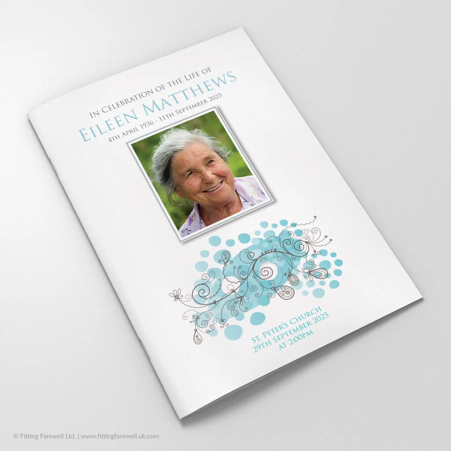 The Dotted Flowers Funeral Order of Service design is exclusively available from Fitting Farewell.