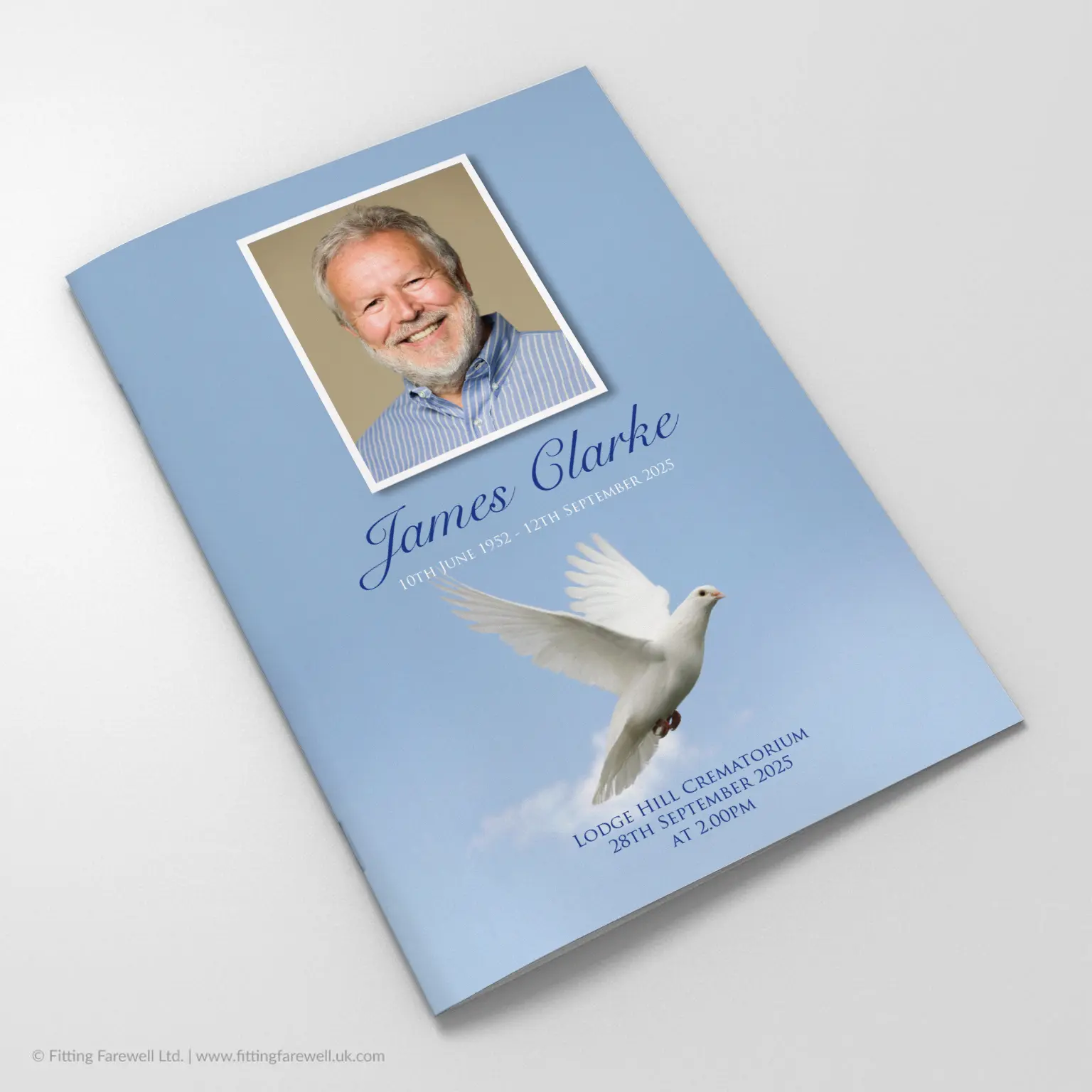 The Dove Skies Funeral Order of Service design is exclusively available from Fitting Farewell.