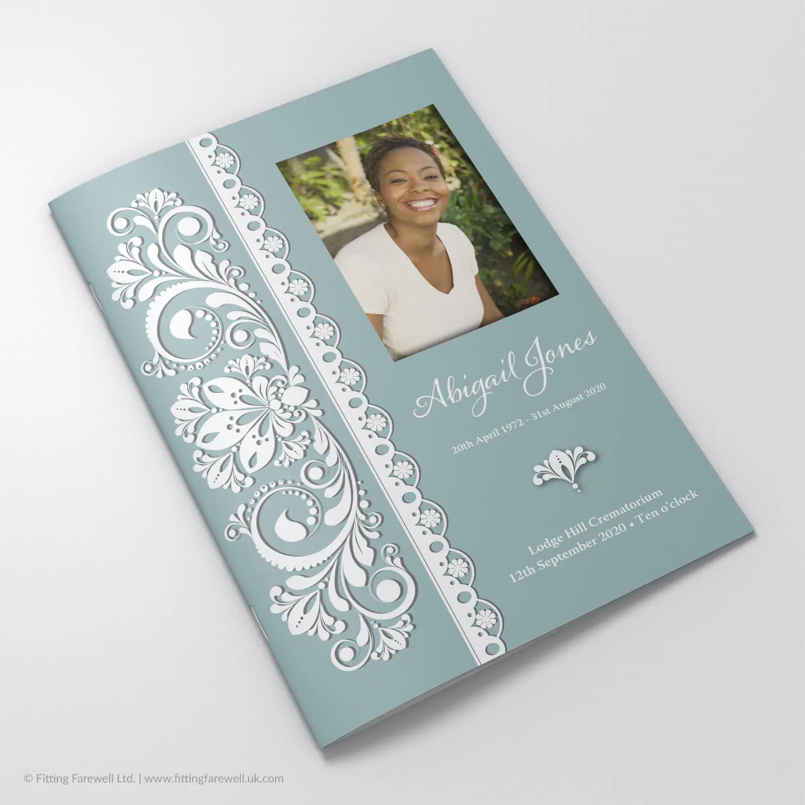 The Fanciful Paper Aqua Funeral Order of Service design is exclusively available from Fitting Farewell.