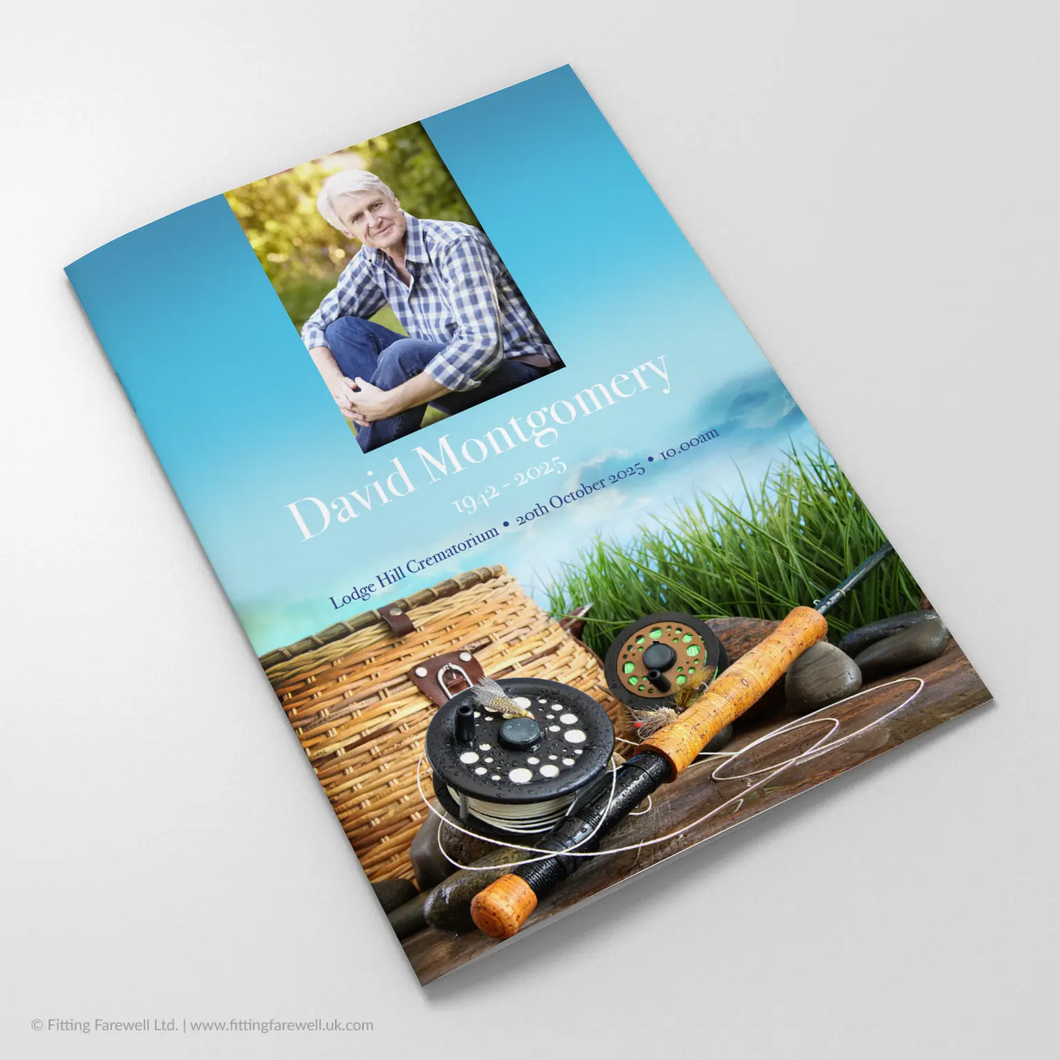 The Fishing Tackle Funeral Order of Service design is exclusively available from Fitting Farewell.