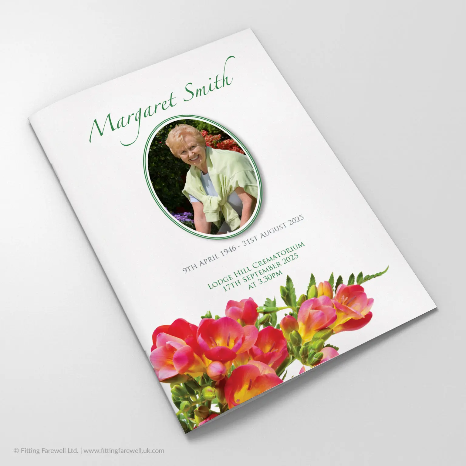 The Freesias Funeral Order of Service design is exclusively available from Fitting Farewell.