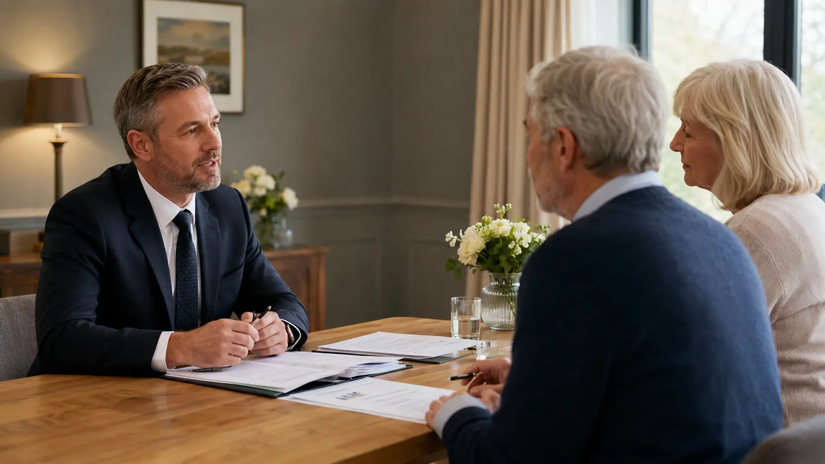 Funeral director in consultation with a family at a table.