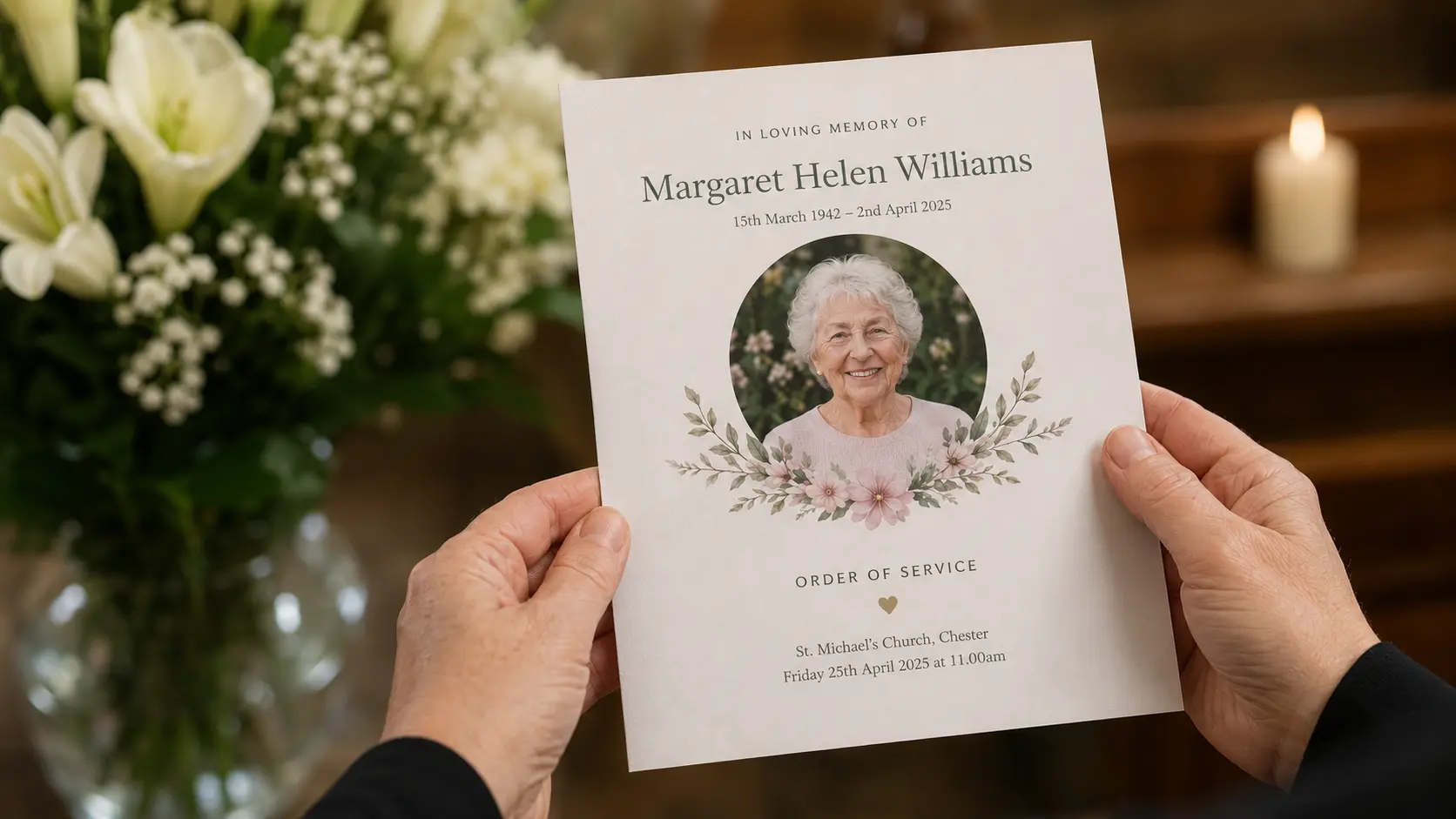 Hands holding an order of service at a funeral.