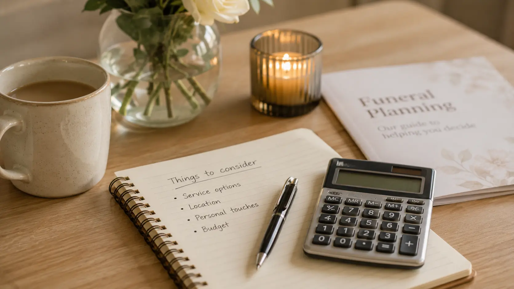 Notebook, pen and calculator on a desk when funeral planning.
