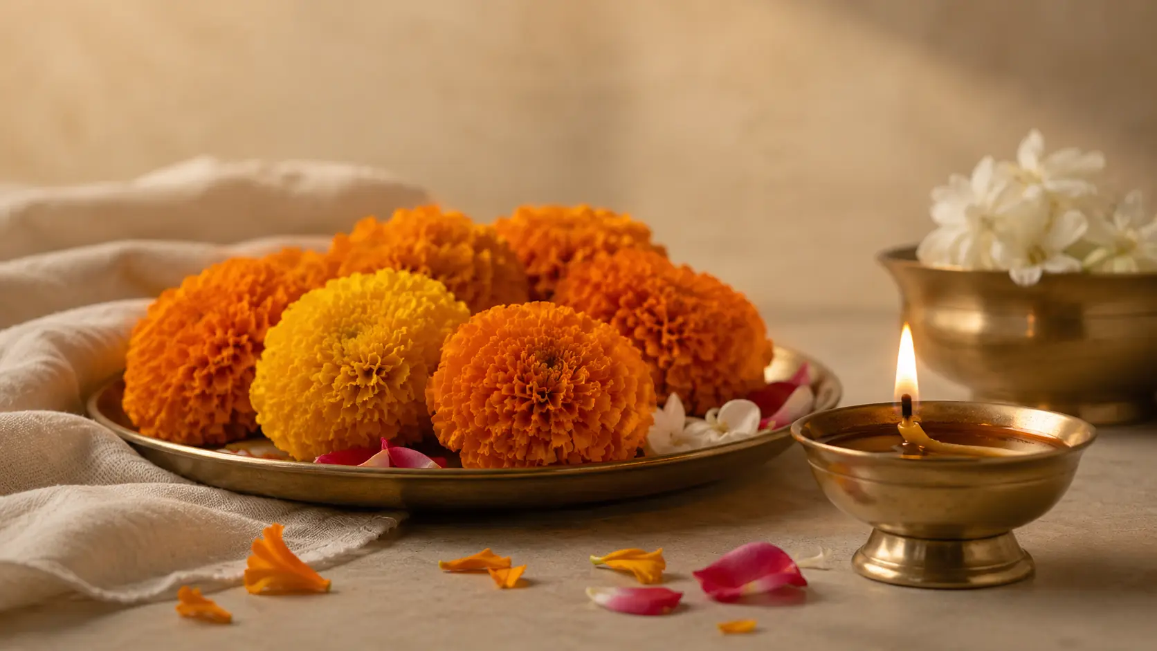 Marigold flowers and diya lamp.