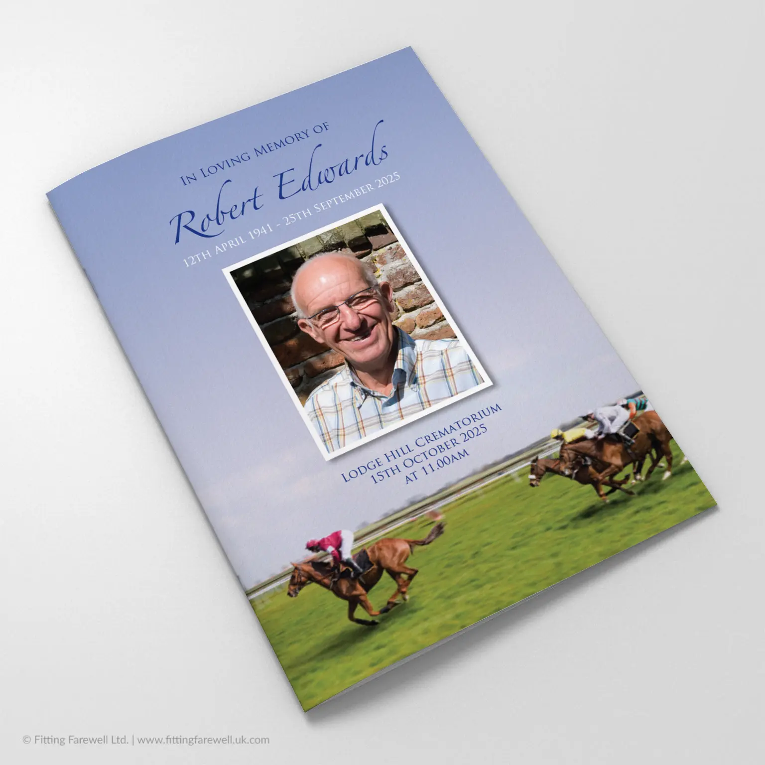 The Horse Racing Funeral Order of Service design is exclusively available from Fitting Farewell.