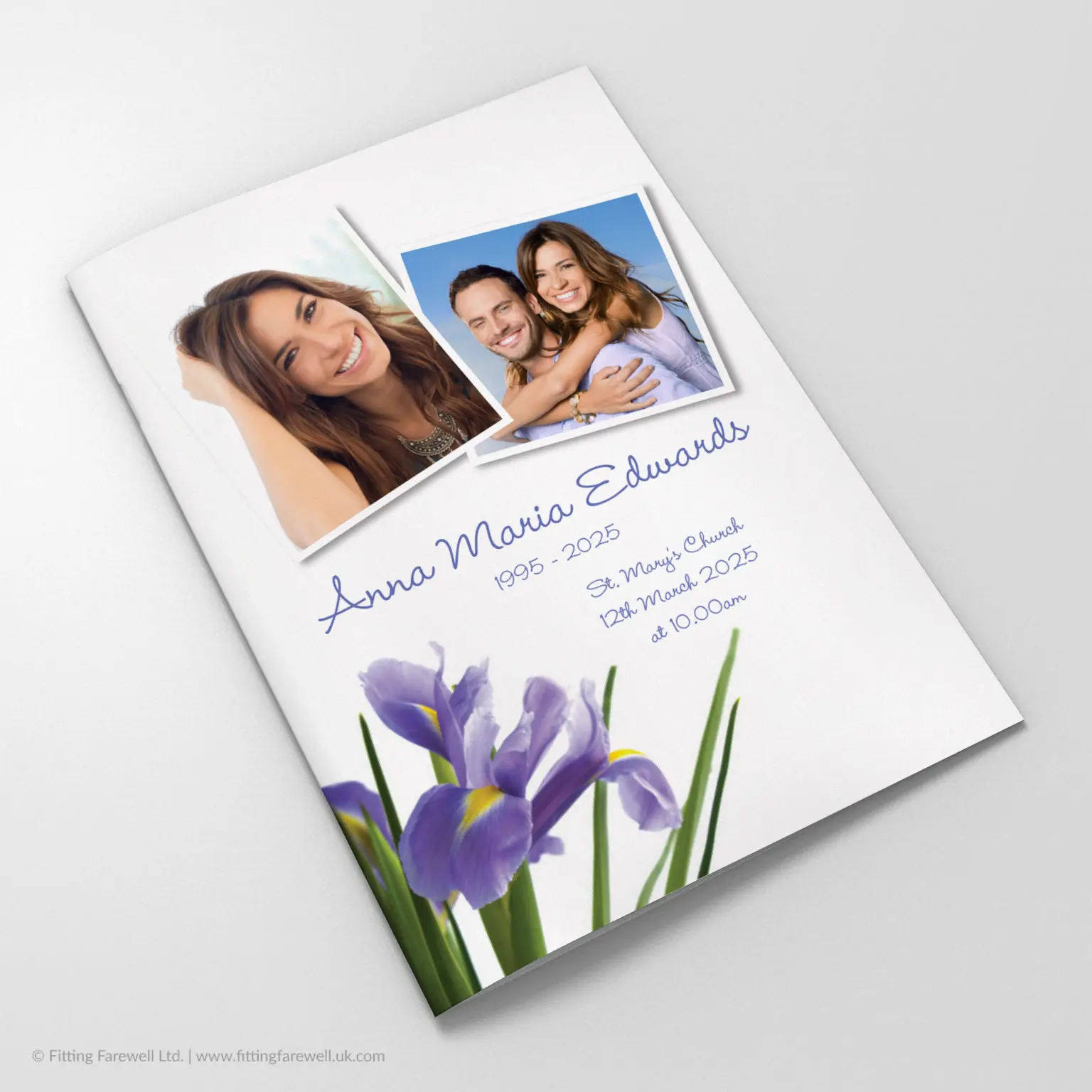 The Iris Funeral Order of Service design is exclusively available from Fitting Farewell.