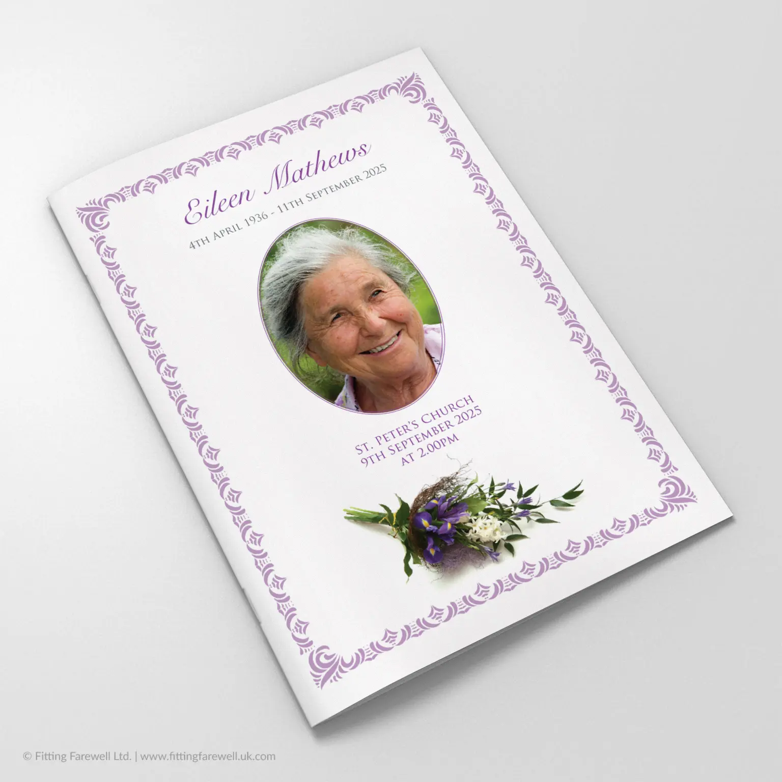 The Irises Funeral Order of Service design is exclusively available from Fitting Farewell.