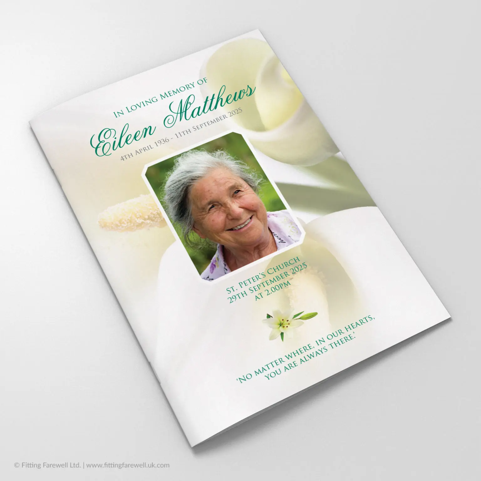 The Lilies Funeral Order of Service design is exclusively available from Fitting Farewell.