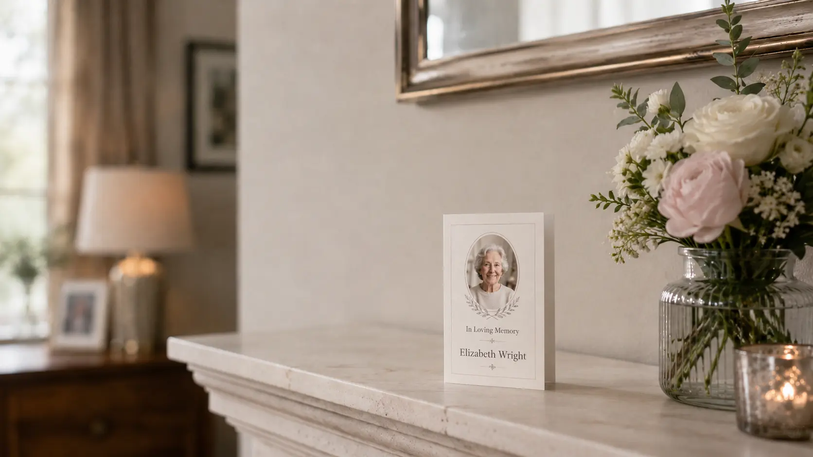 Memorial card on a mantlepiece in a warm, cosy home.