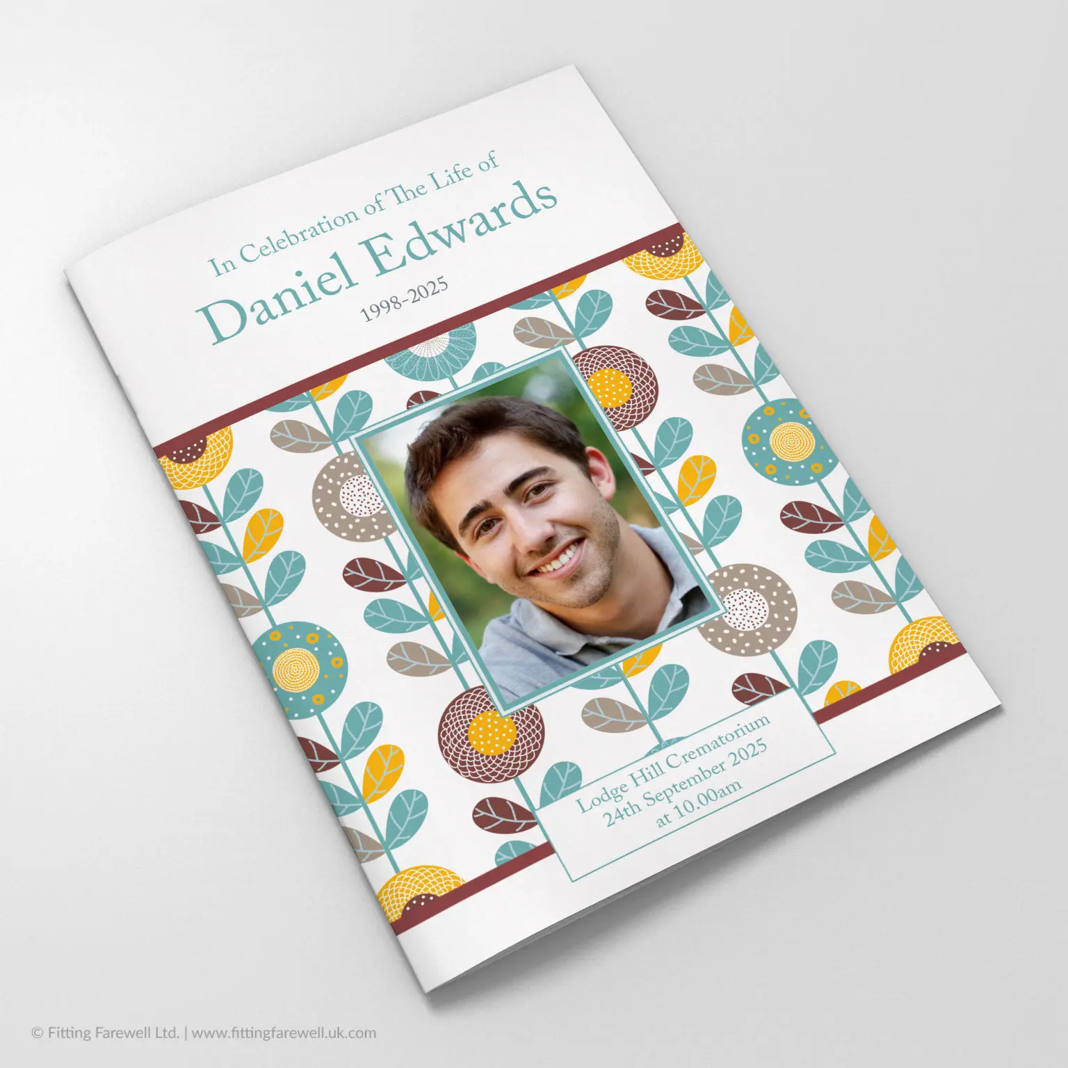 The Modern Sunflowers Funeral Order of Service design is exclusively available from Fitting Farewell.