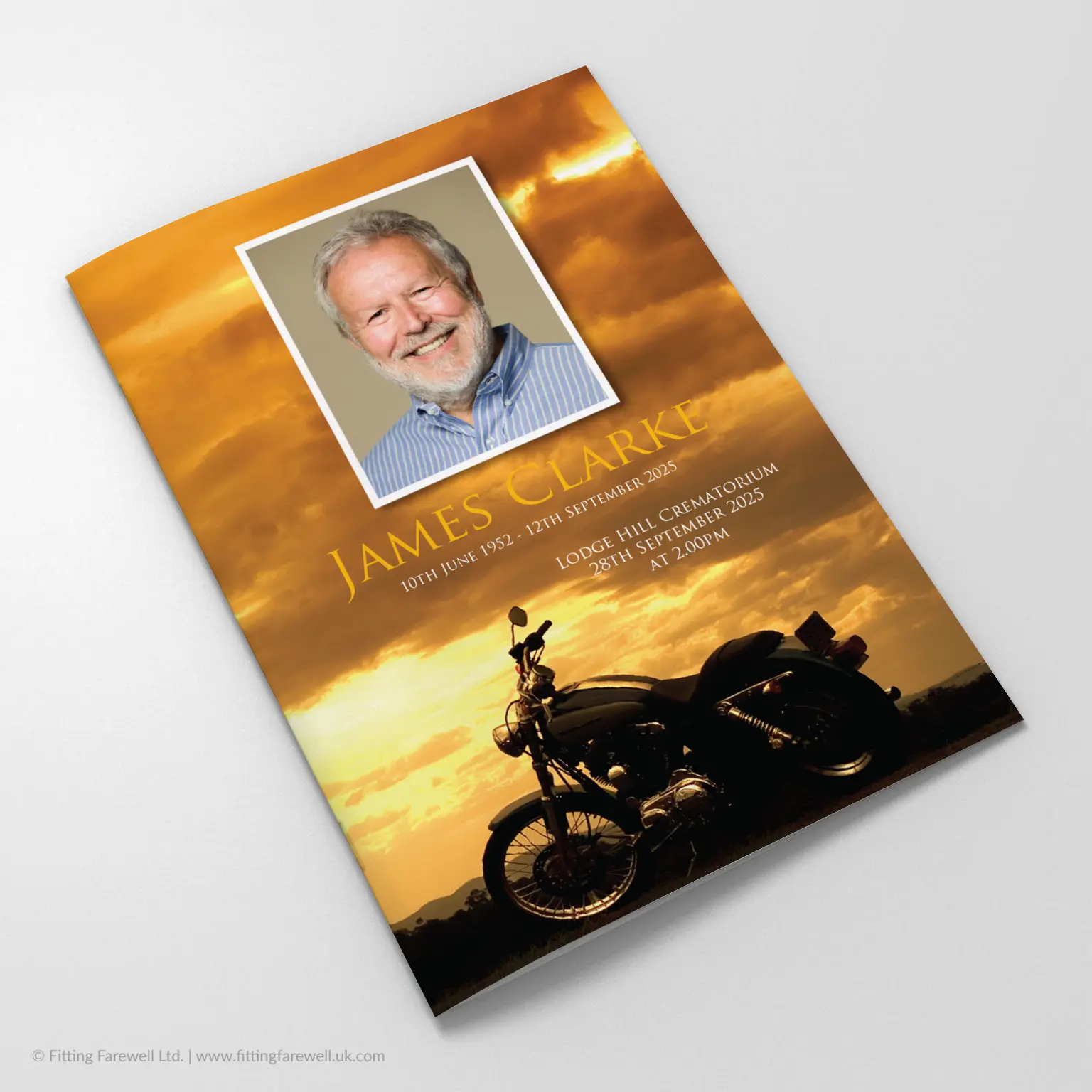 The Motorbike Funeral Order of Service design is exclusively available from Fitting Farewell.