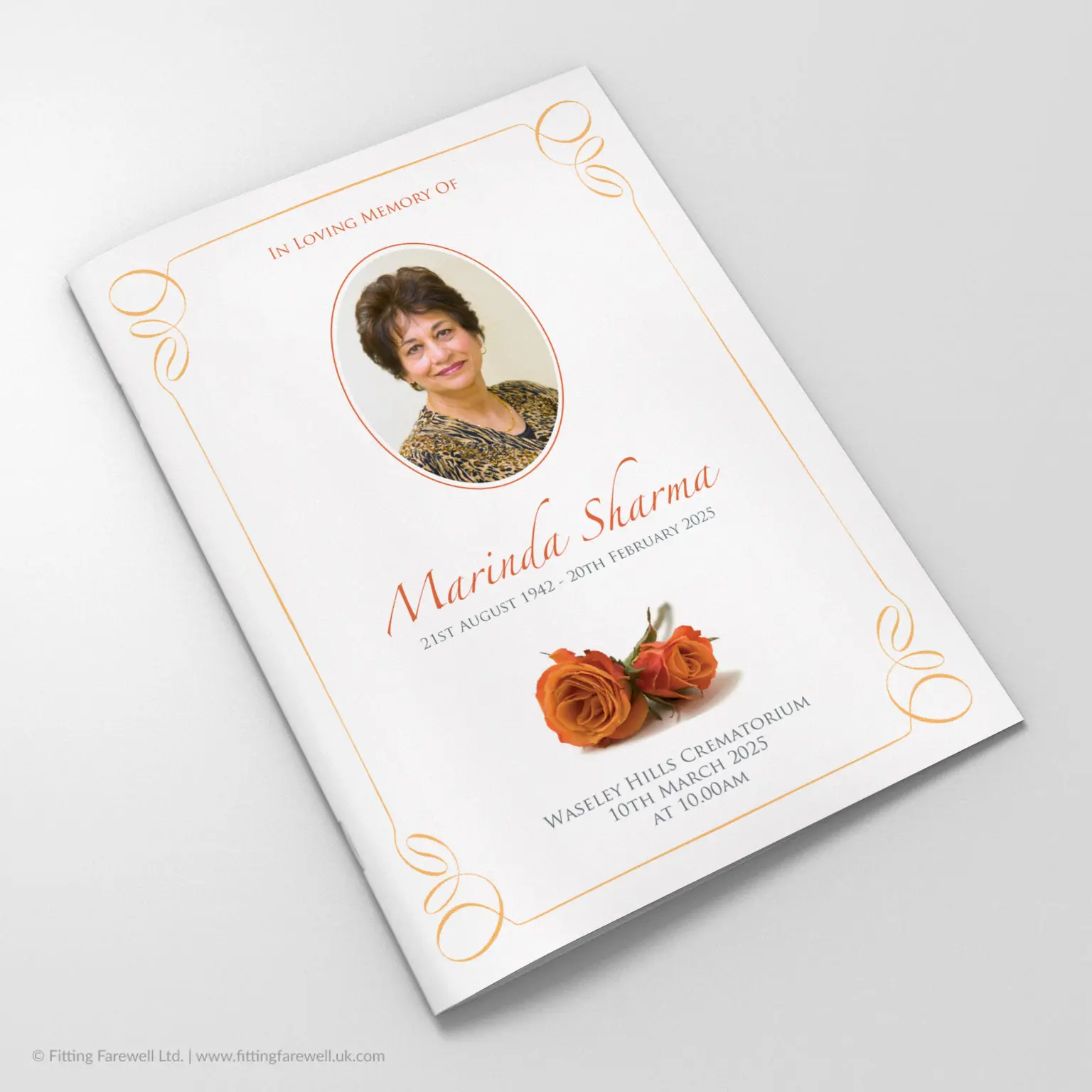 The Orange Roses Funeral Order of Service design is exclusively available from Fitting Farewell.