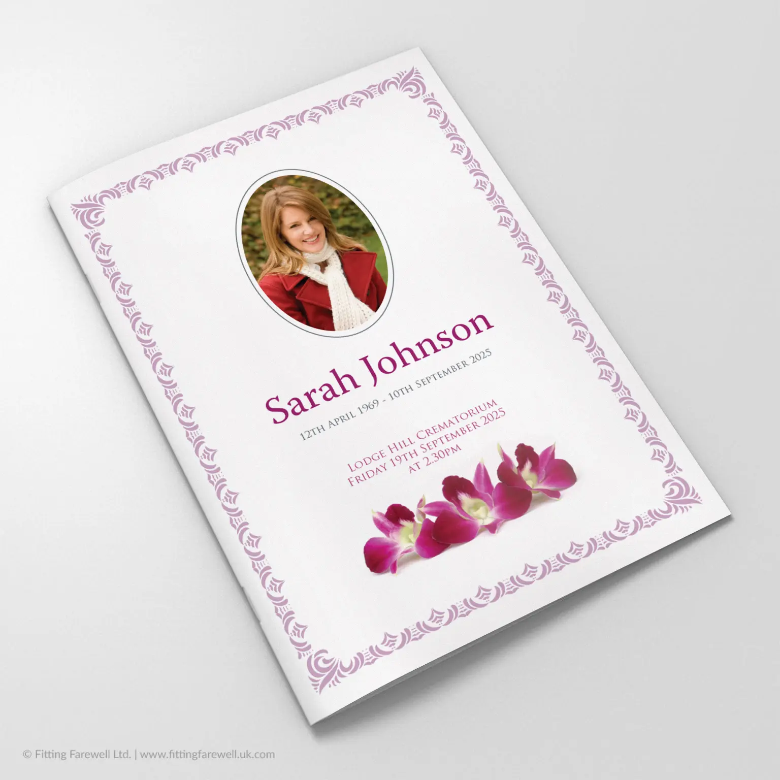 The Orchids Funeral Order of Service design is exclusively available from Fitting Farewell.