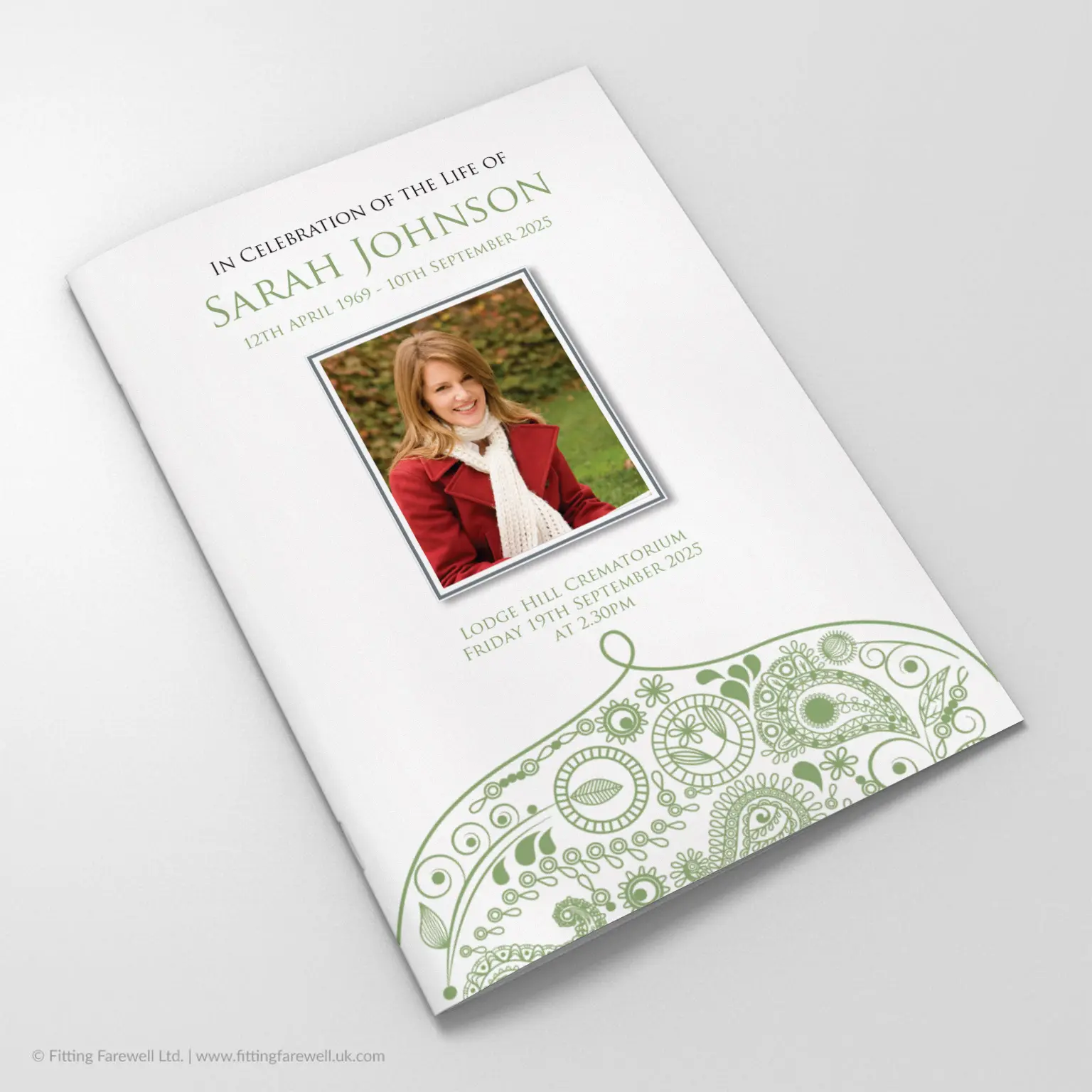 The Paisley Print Funeral Order of Service design is exclusively available from Fitting Farewell.