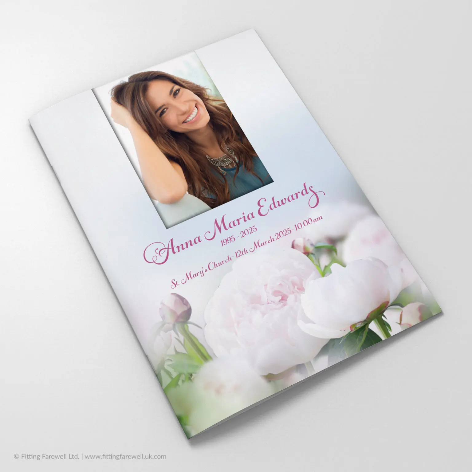 The Pale Pink Peonies Funeral Order of Service design is exclusively available from Fitting Farewell.