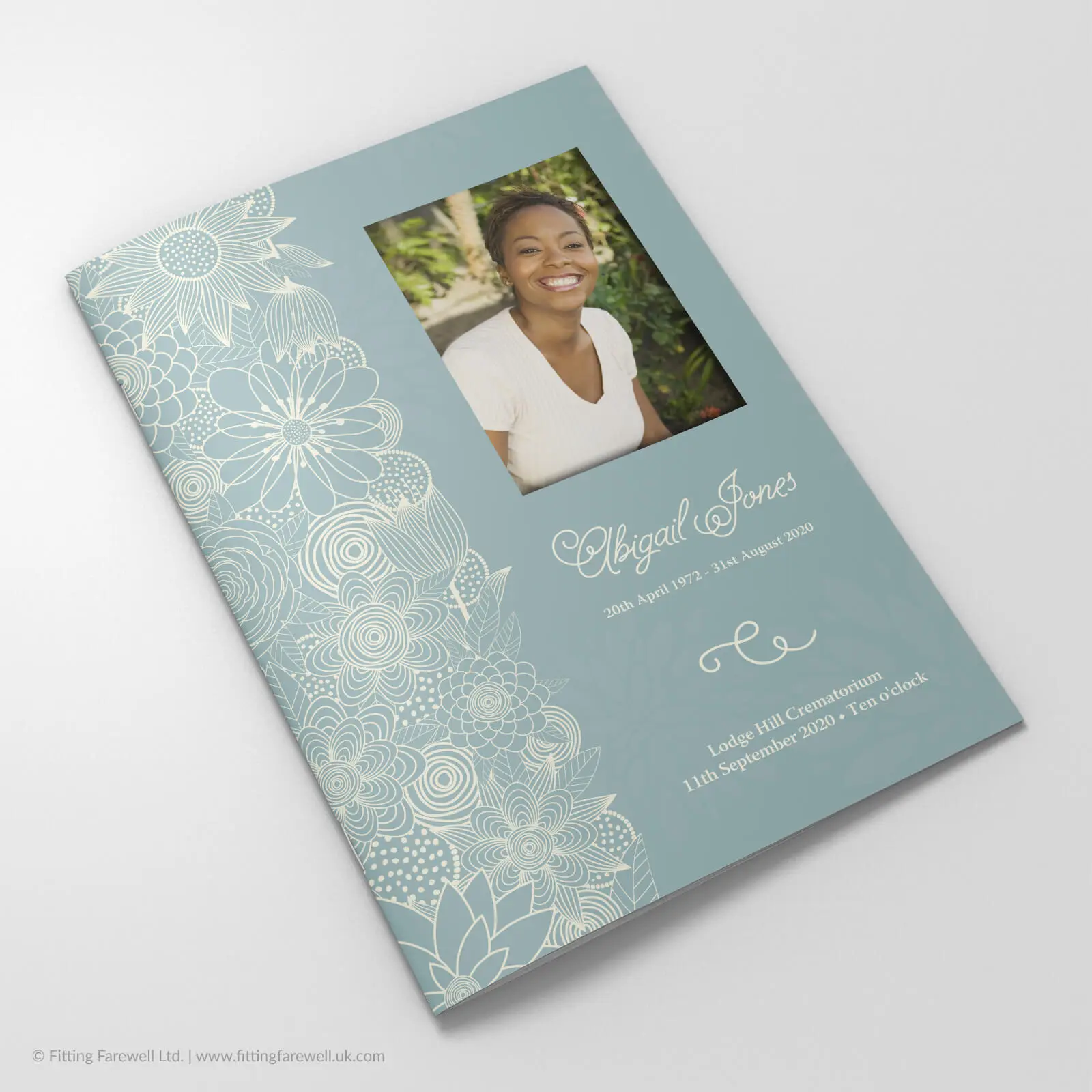 The Paper Flowers Aqua Funeral Order of Service design is exclusively available from Fitting Farewell.