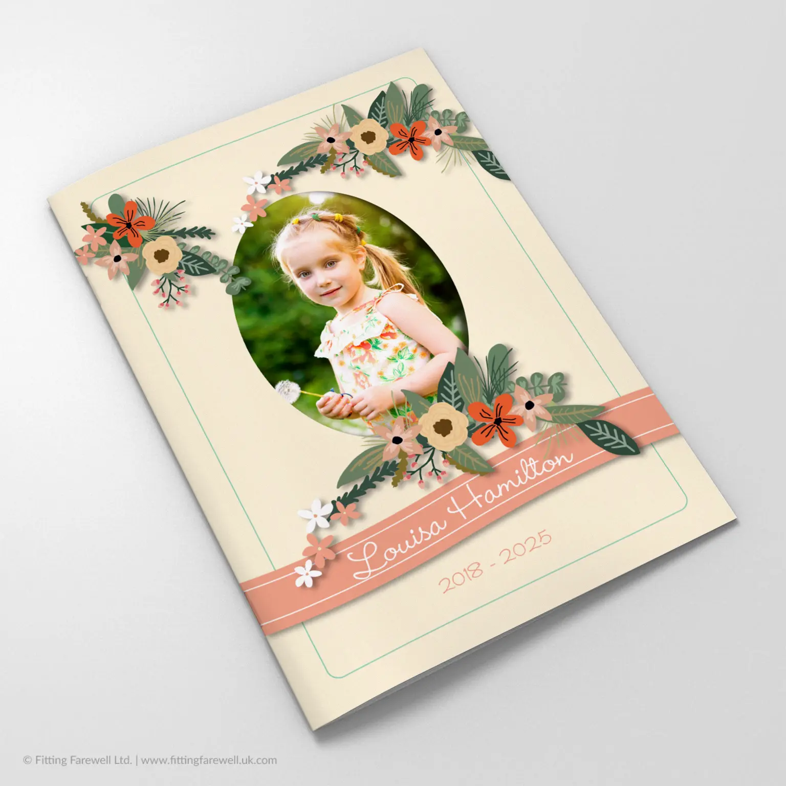 The Peach Flower Banner Funeral Order of Service design is exclusively available from Fitting Farewell.
