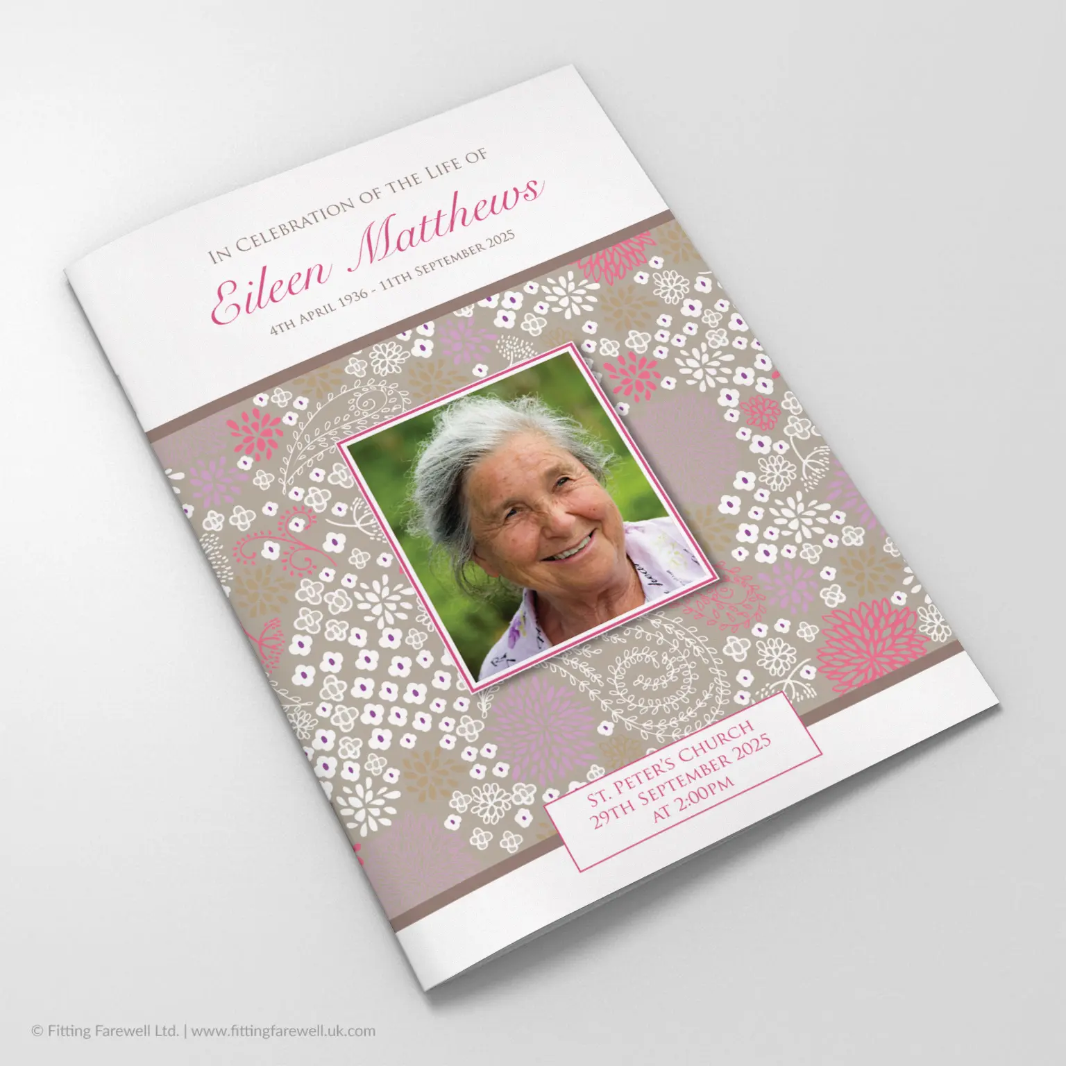 The Pink Garden Funeral Order of Service design is exclusively available from Fitting Farewell.