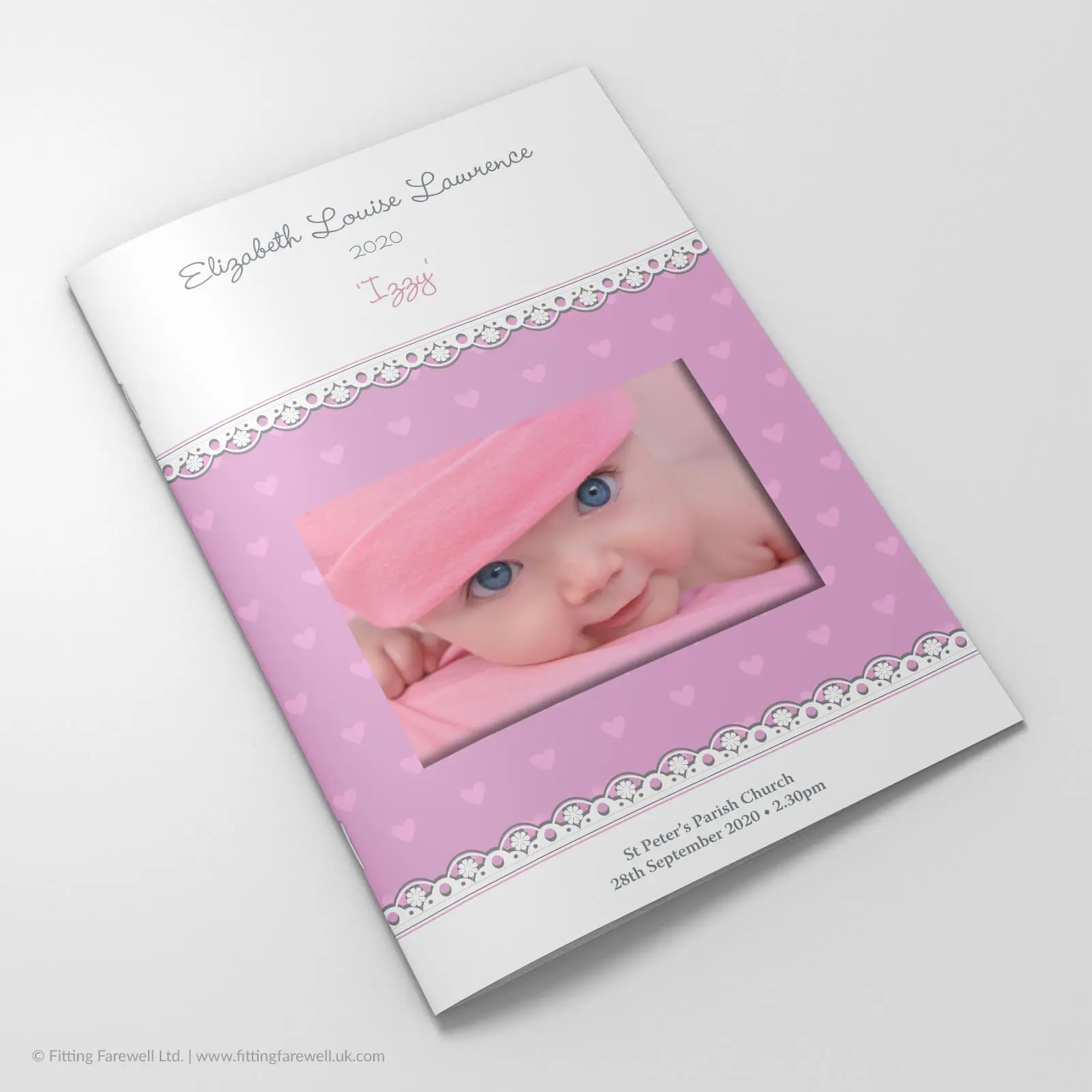 The Pink Hearts Funeral Order of Service design is exclusively available from Fitting Farewell.