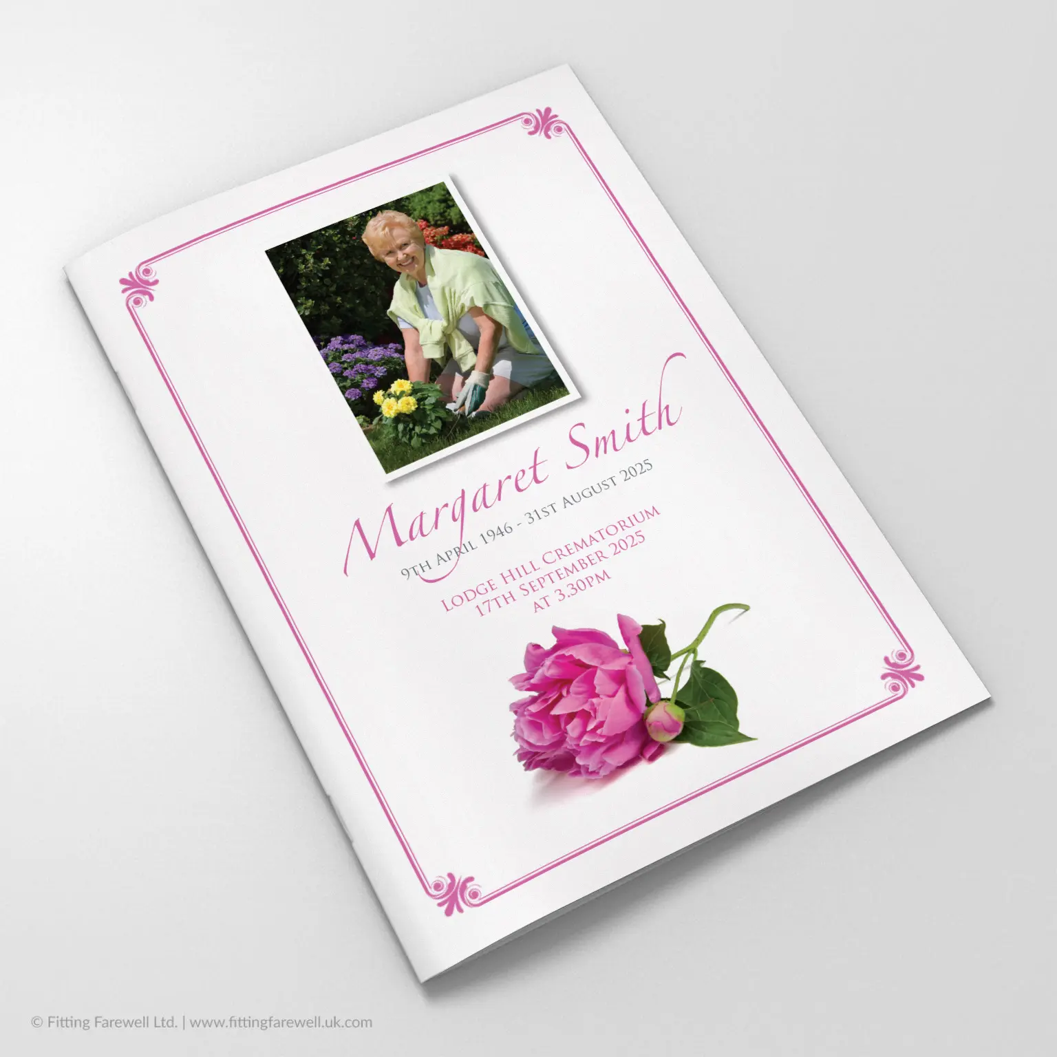 The Peony Funeral Order of Service design is exclusively available from Fitting Farewell.
